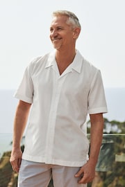 White Diamond Jacquard Short Sleeve Shirt With Cuban Collar - Image 1 of 6