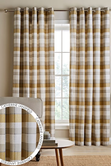 Catherine Lansfield Yellow Brushed Cotton Thermal Check Eyelet Curtains Cushion