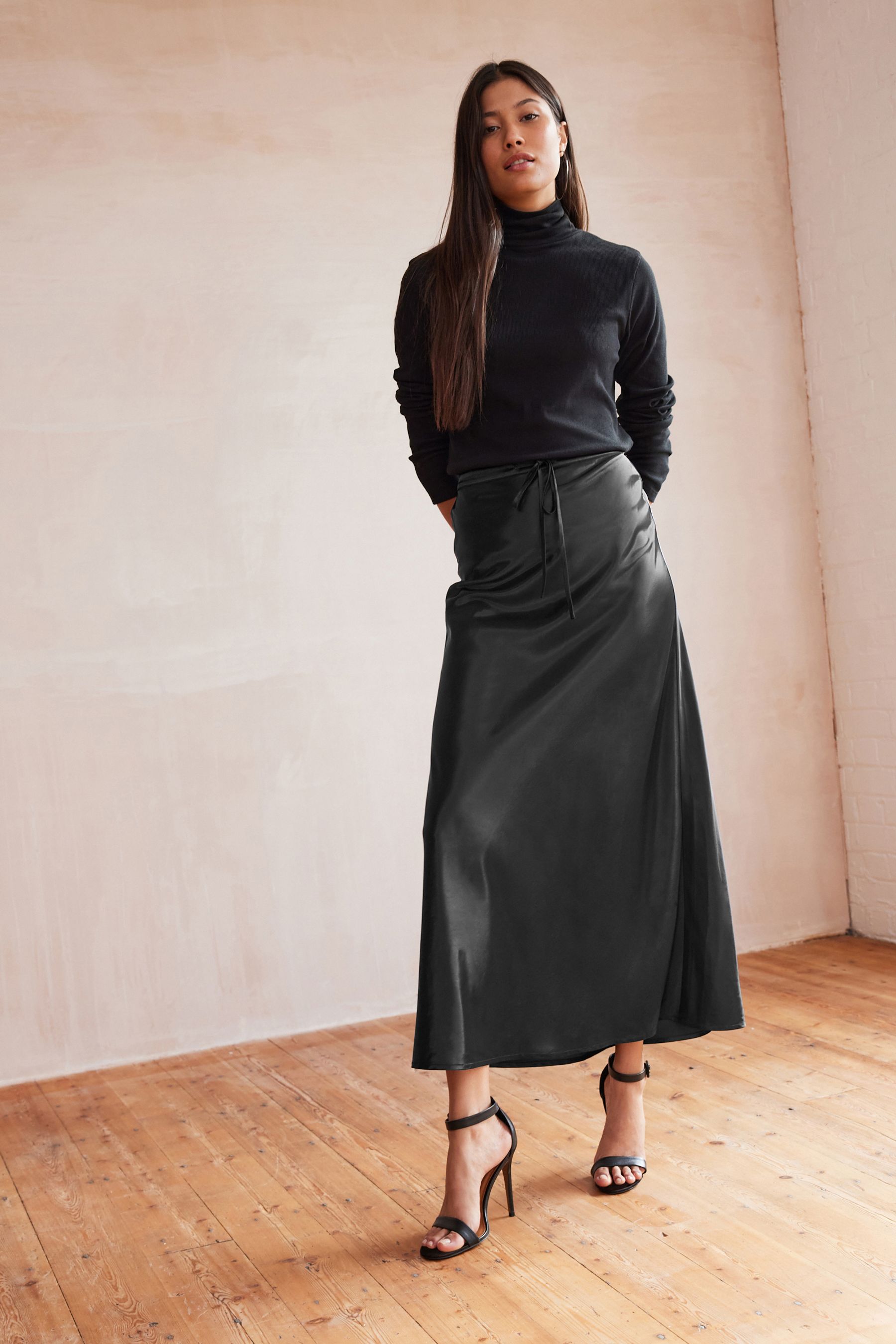 Long black satin skirt for sale clearance