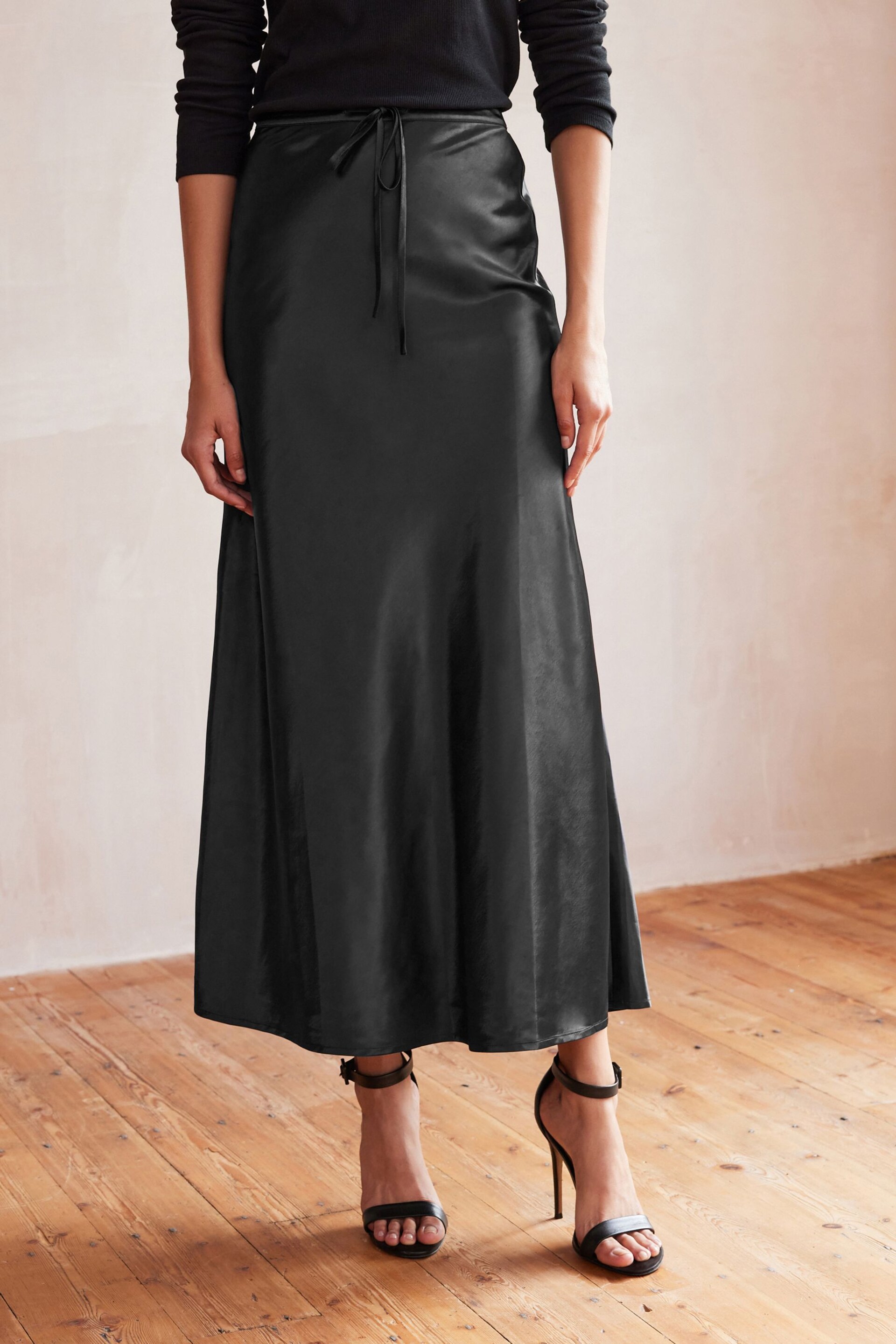 Black Long Length Satin Skirt - Image 3 of 7