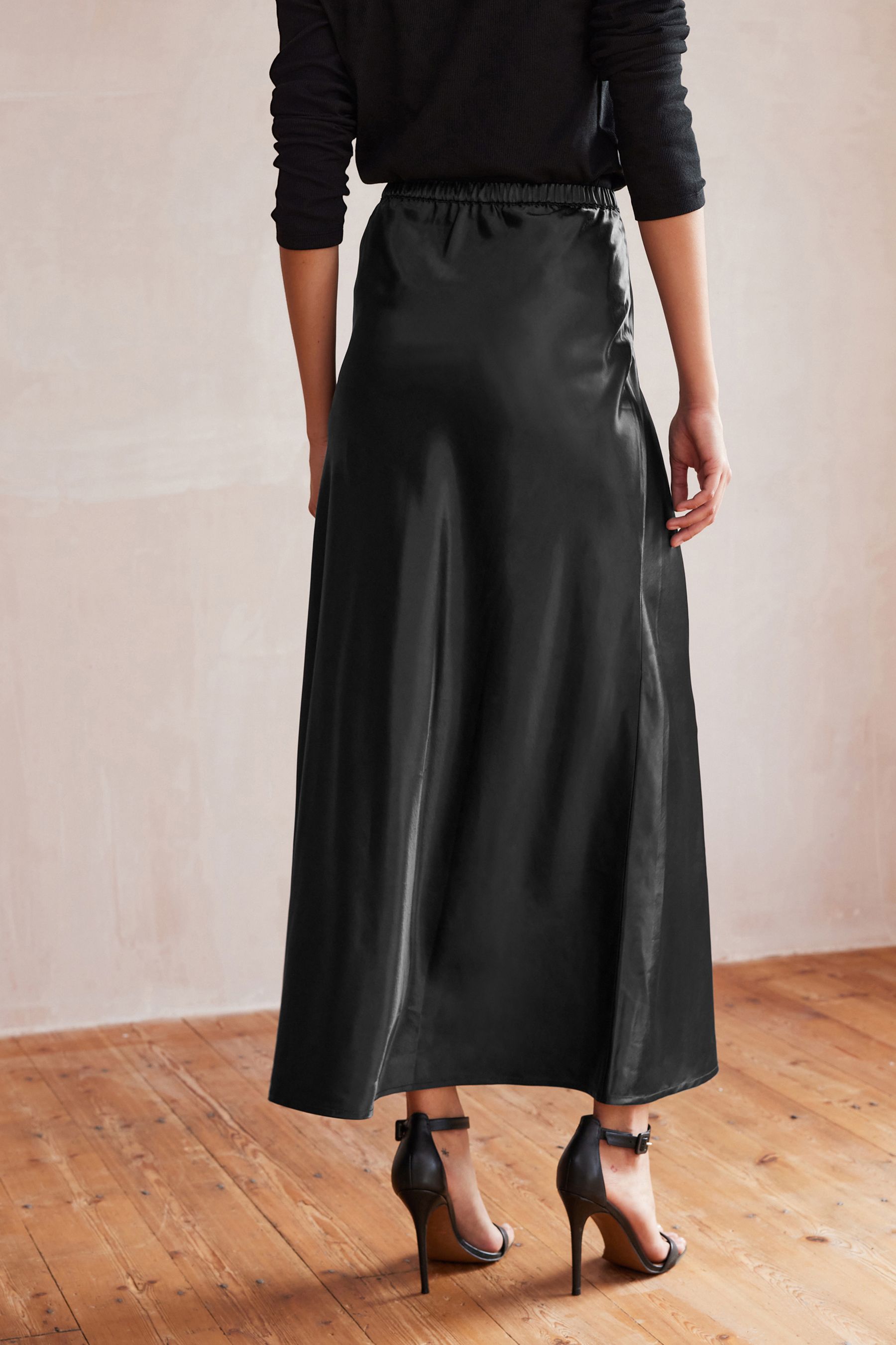 Long black satin skirt for sale hotsell