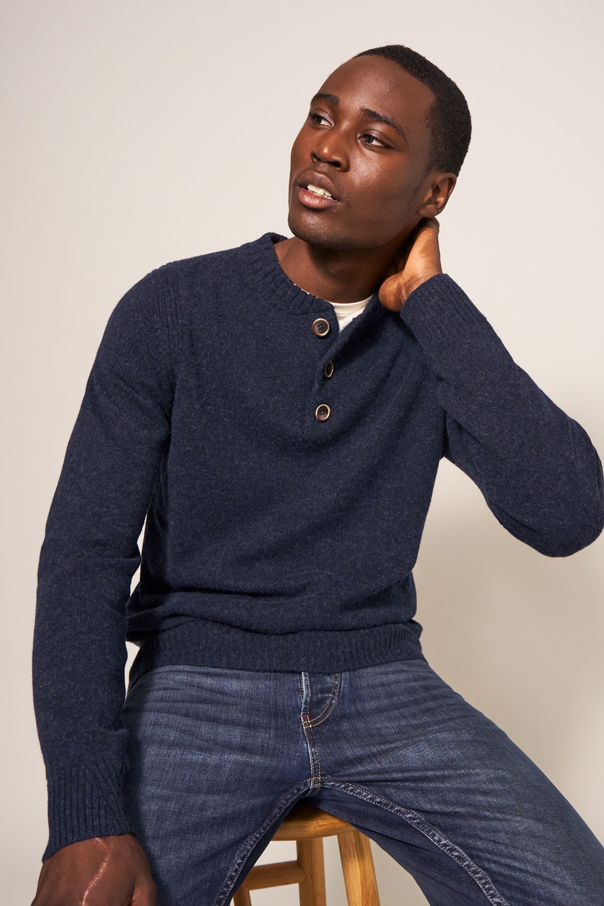 White Stuff Blue Lambswool Henley Jumper - Image 1 of 6