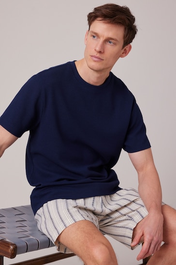Navy Blue/Cream Stripe Lightweight Short Pyjamas Set