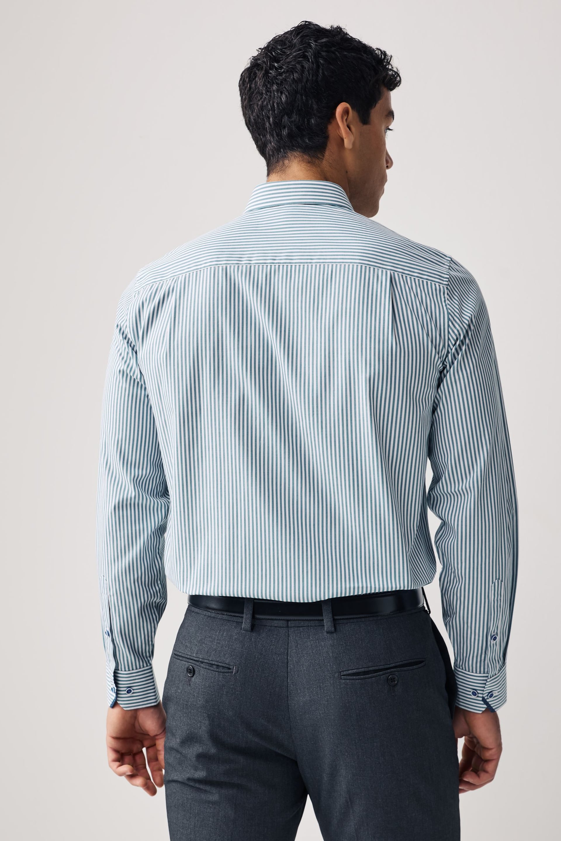 White/Teal Blue Stripe Trimmed Formal Shirt - Image 2 of 8