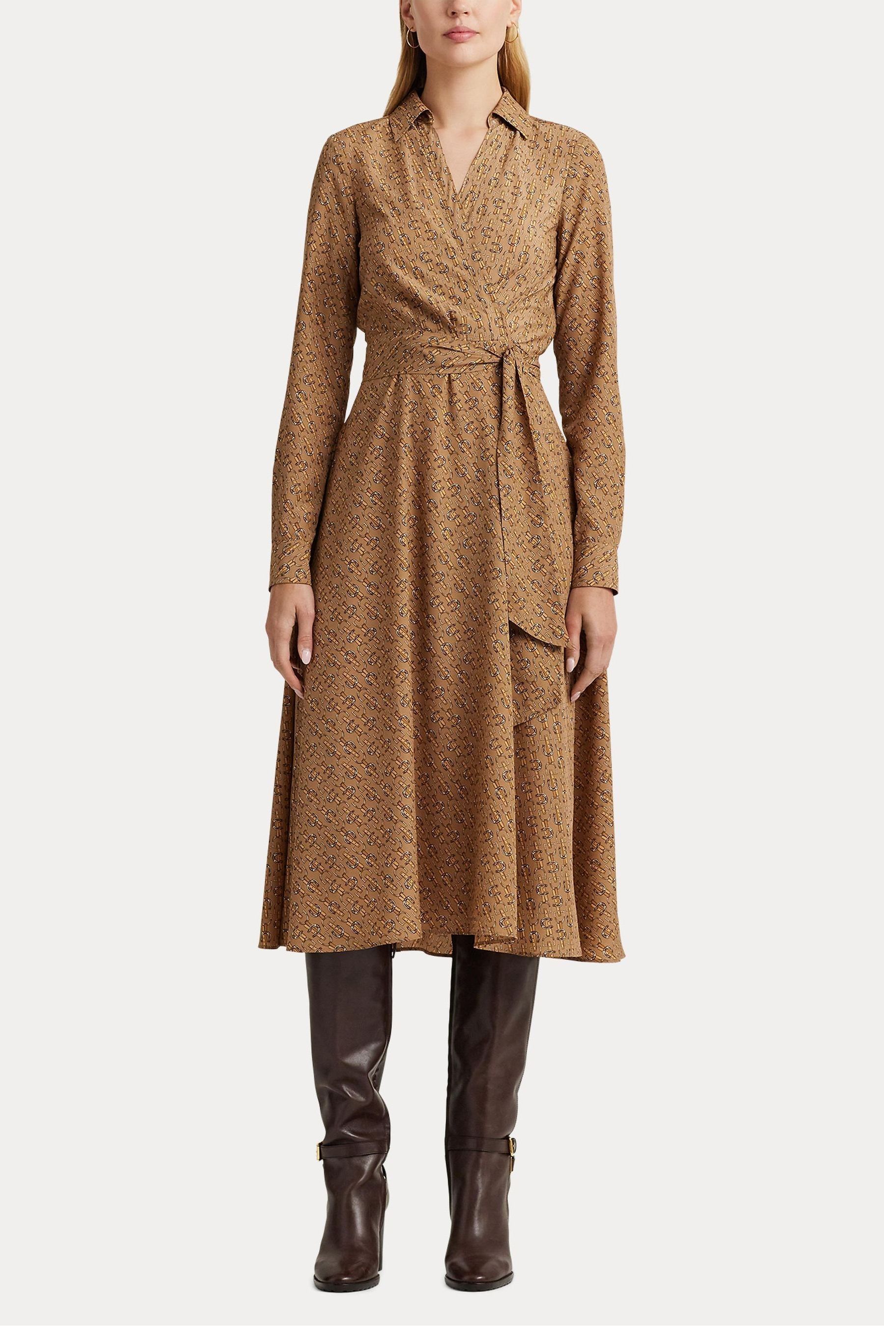 Buy Lauren Ralph Lauren Tan Brown Print Surplice Crepe Midi Dress from Next Luxembourg