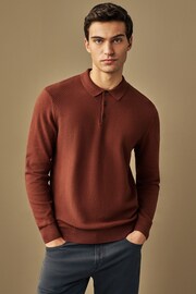 Maroon Red Textured Regular Long Sleeve Knit Polo Shirt - Image 4 of 7