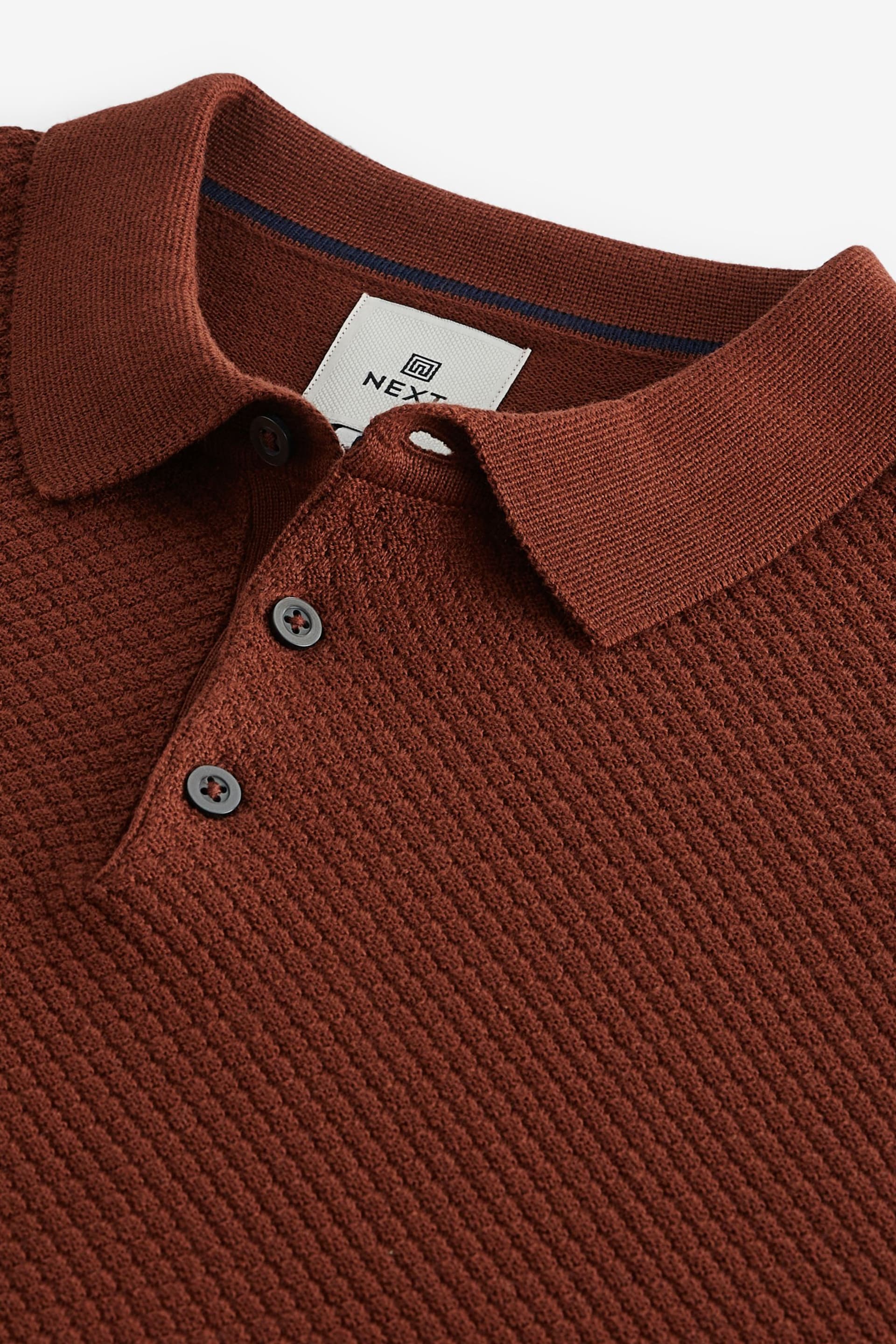 Maroon Red Textured Regular Long Sleeve Knit Polo Shirt - Image 6 of 7
