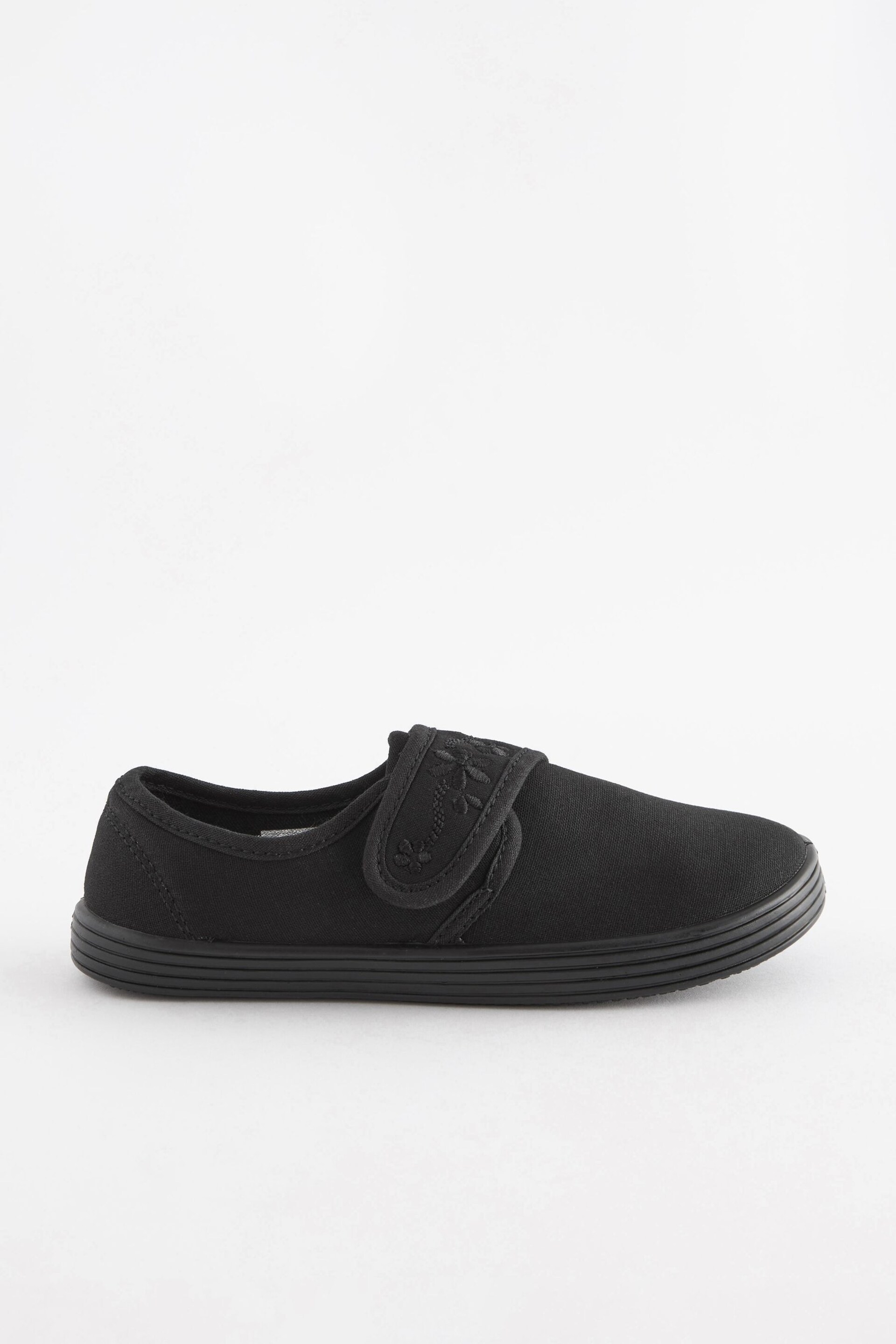 Black Standard Fit (F) Embroidered Strap School Plimsolls - Image 2 of 5