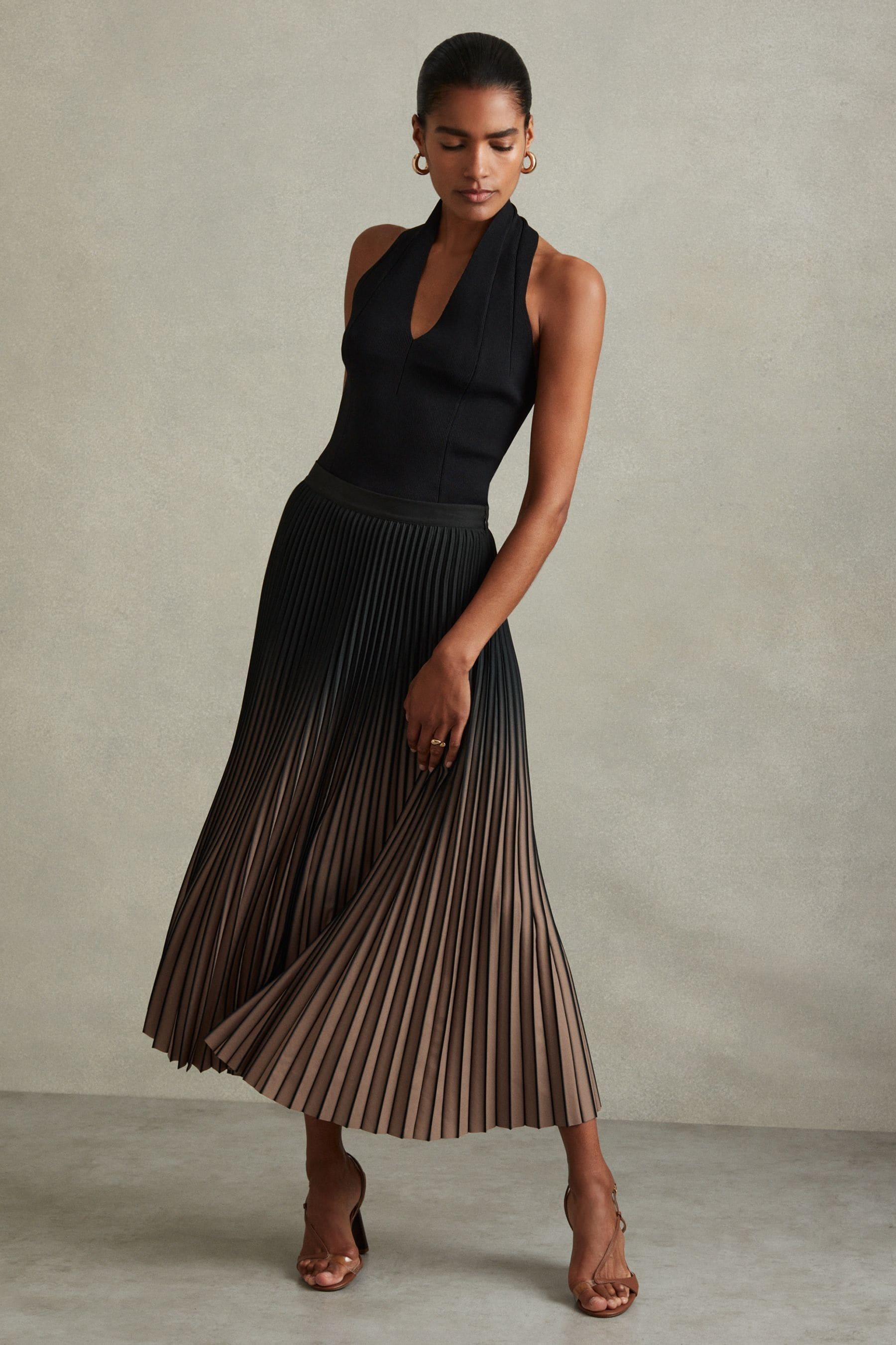 Reiss Black Taupe Marlie Ombre Pleated Midi Skirt