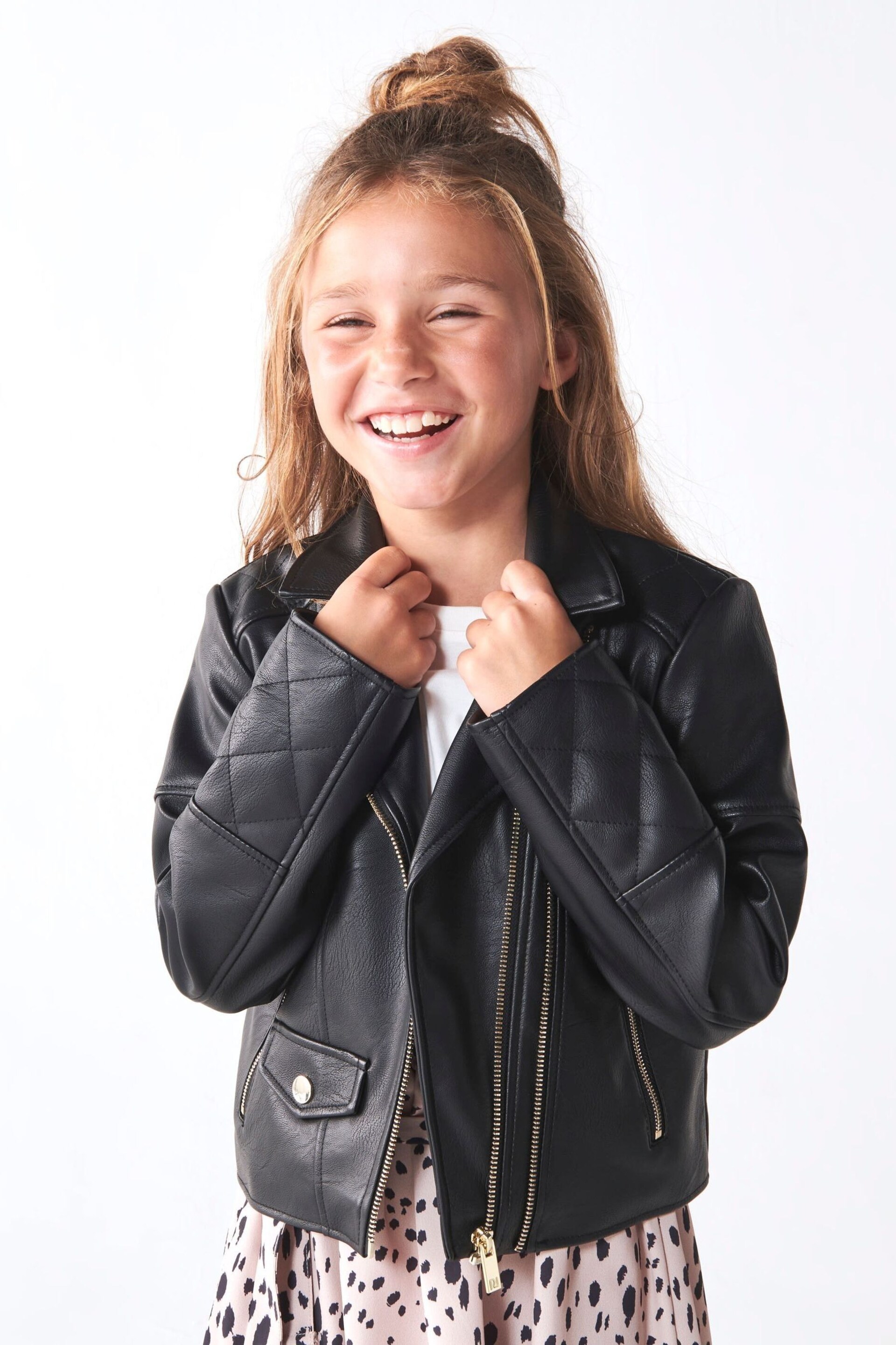 River Island Black Mini Girls Double Zip Biker Jacket - Image 2 of 6