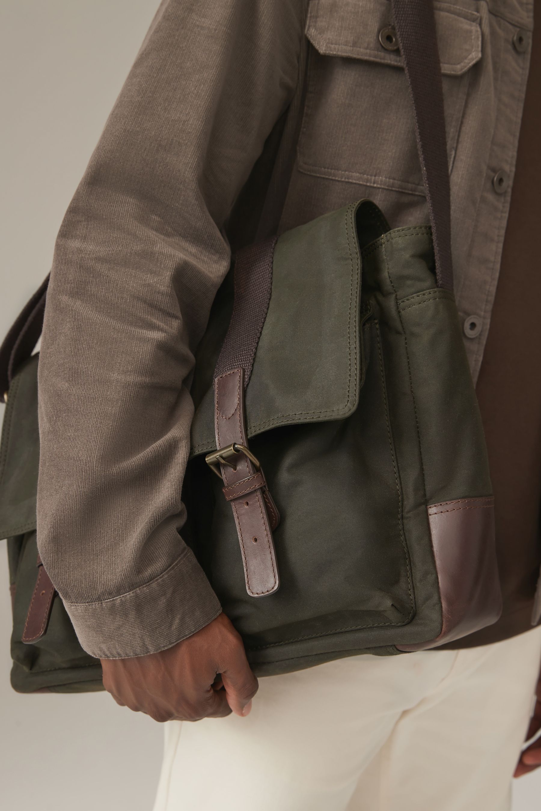Khaki Green Wax Cotton Messenger Bag