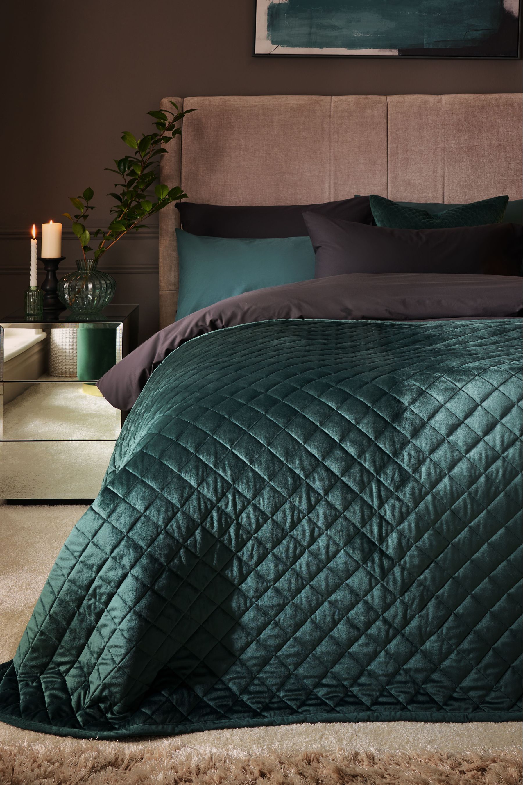 Buy Bottle Green Hamilton Velvet Quilted Bedspread from the Next