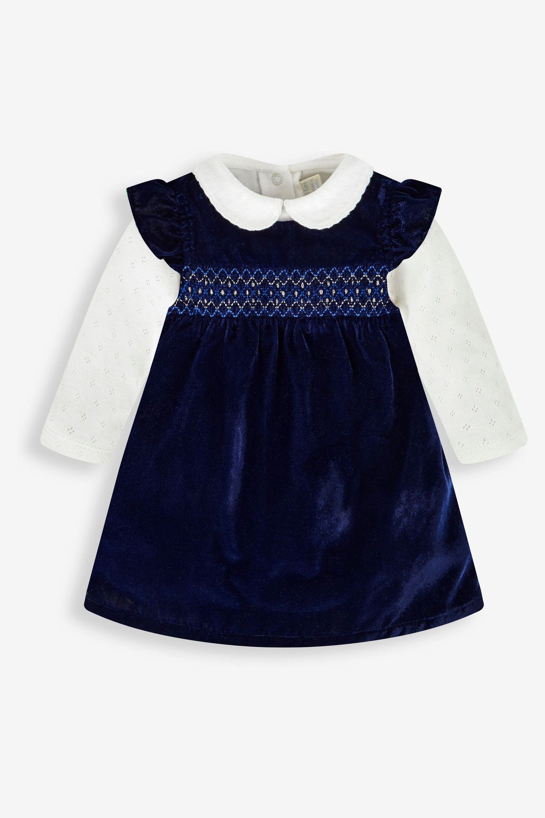 JoJo Maman Bebe Navy 2 Piece Smocked Velvet Baby Dress Body Set