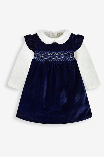 JoJo Maman Bébé Navy Blue 2-Piece Smocked Velvet Baby Dress & Body Set