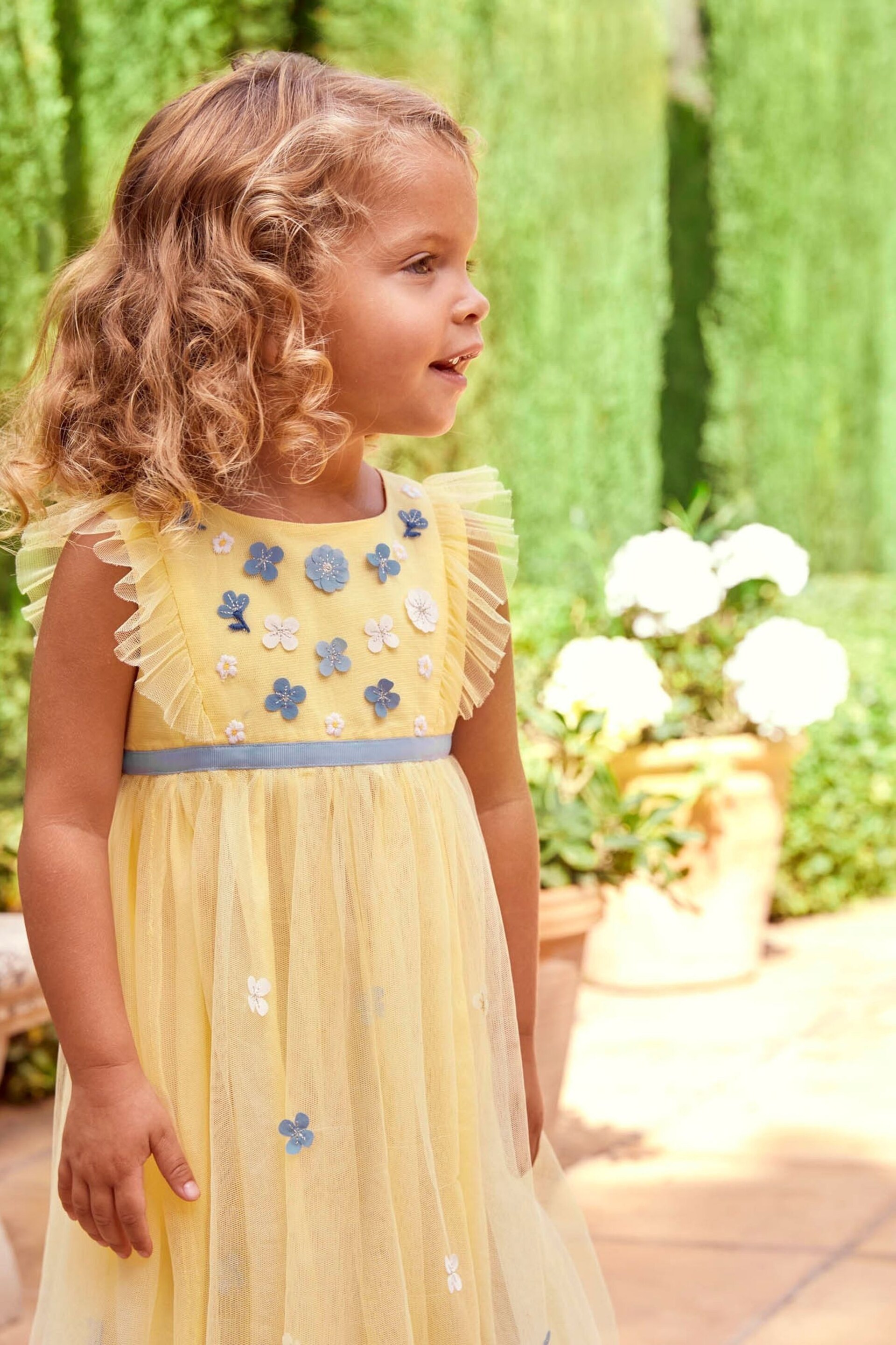 JoJo Maman Bébé Yellow Floral Tulle Pretty Party Dress - Image 3 of 7