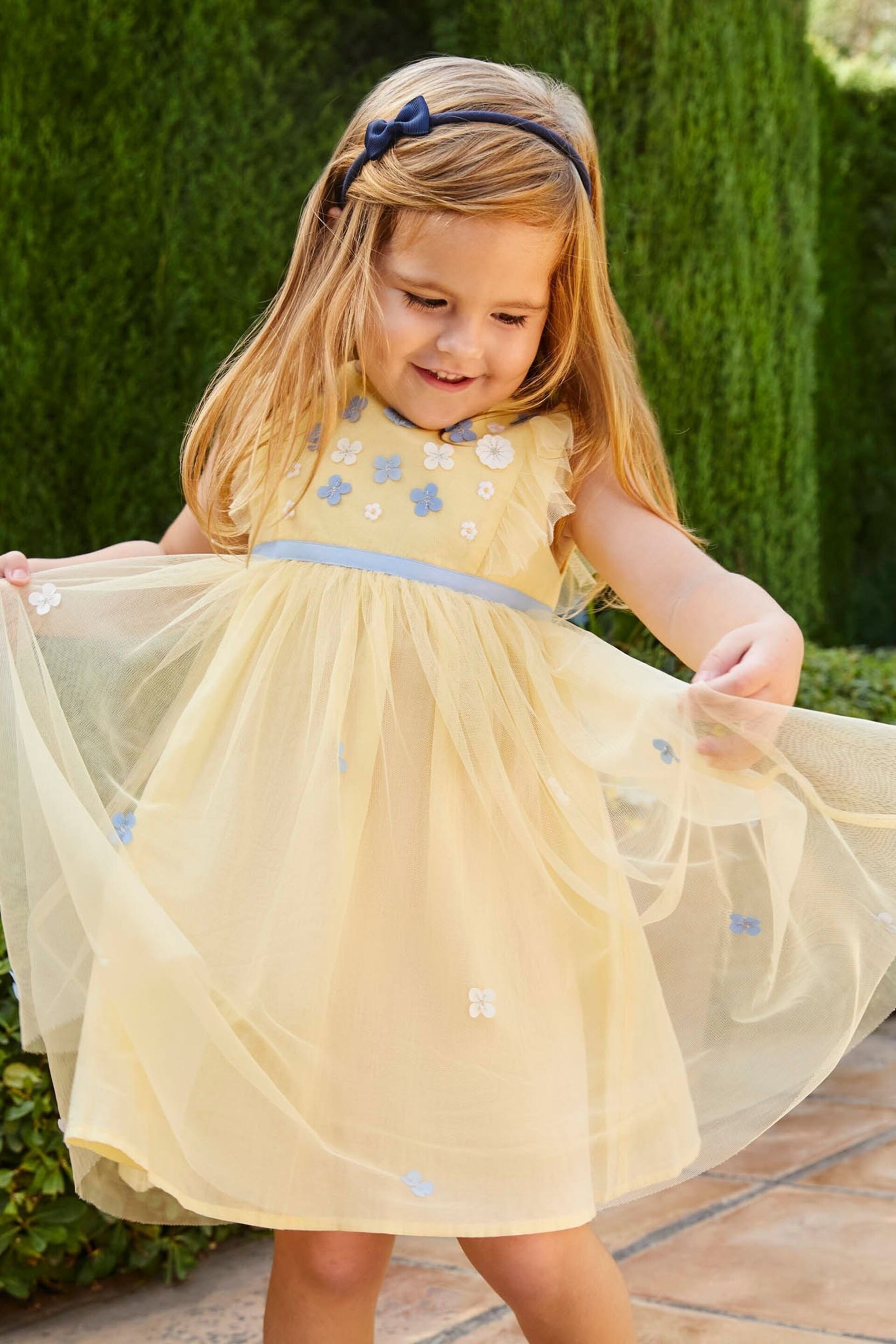 JoJo Maman Bébé Yellow Floral Tulle Pretty Party Dress - Image 5 of 7