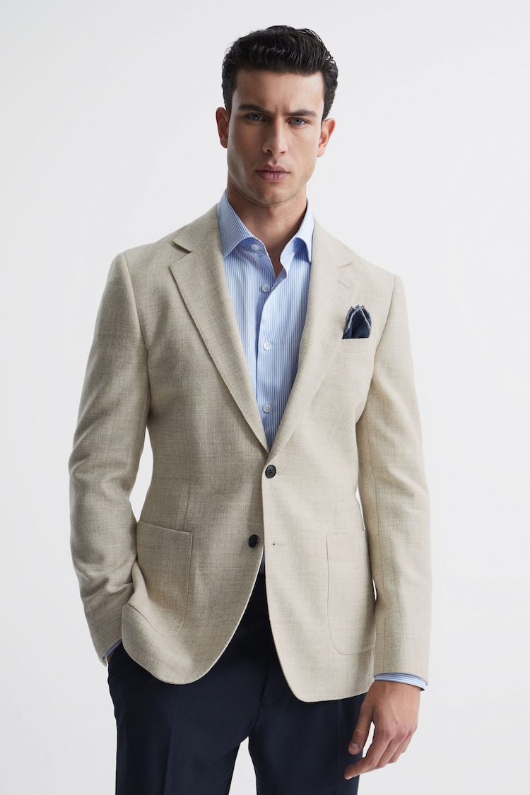 Reiss Oatmeal Attire Slim Fit Textured Wool Blend Blazer - Image 1 of 7