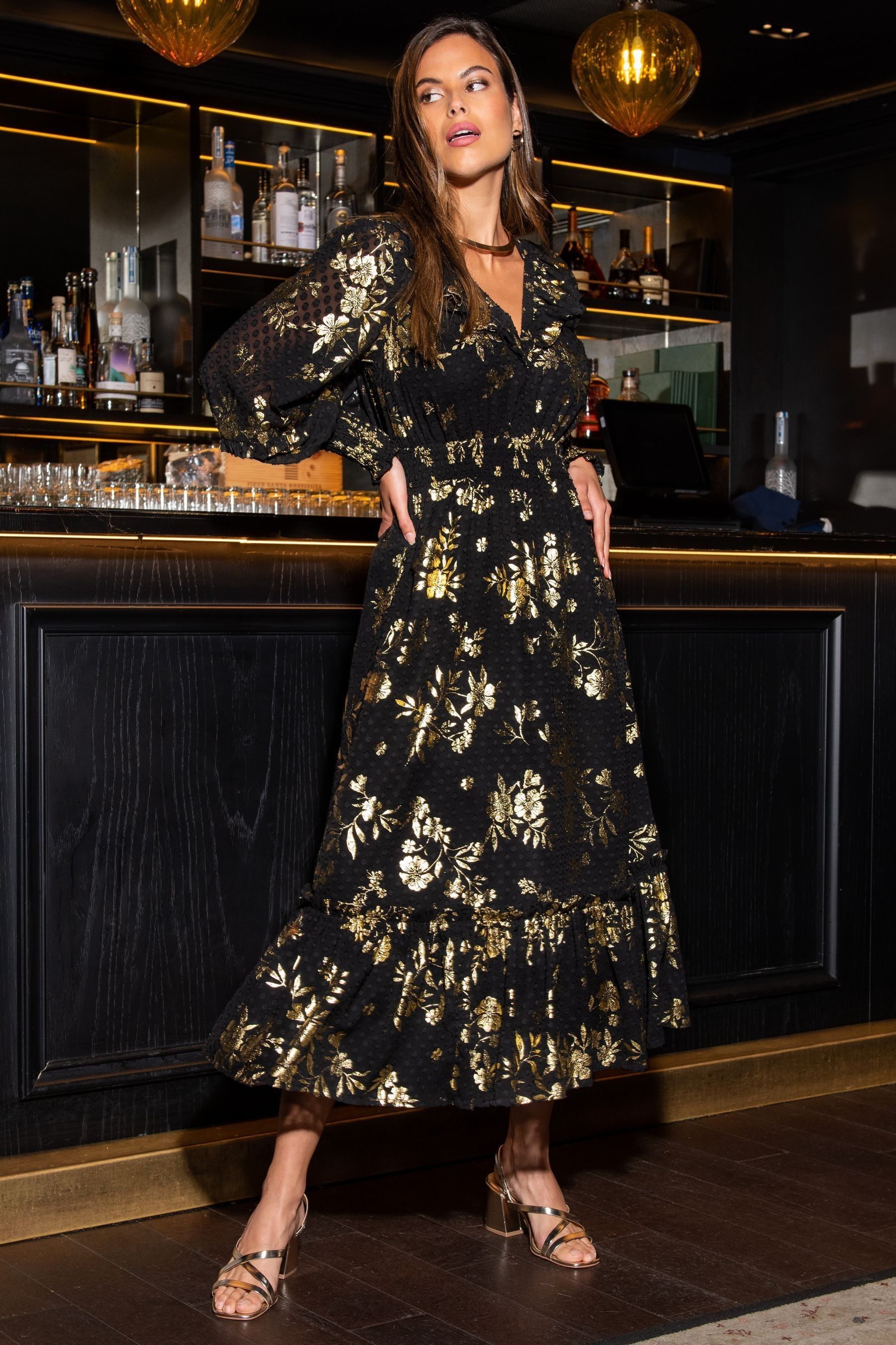 Pour Moi Black Michaela Jacquard Chiffon Frill Midaxi Dress