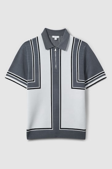Reiss Airforce Blue/White Orion Knitted Half Zip Polo Shirt