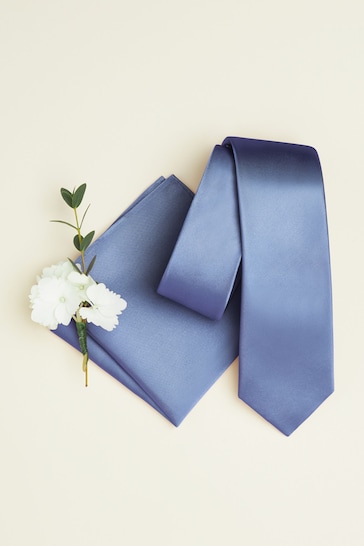 Blue Slim Silk Tie And Pocket Square Set
