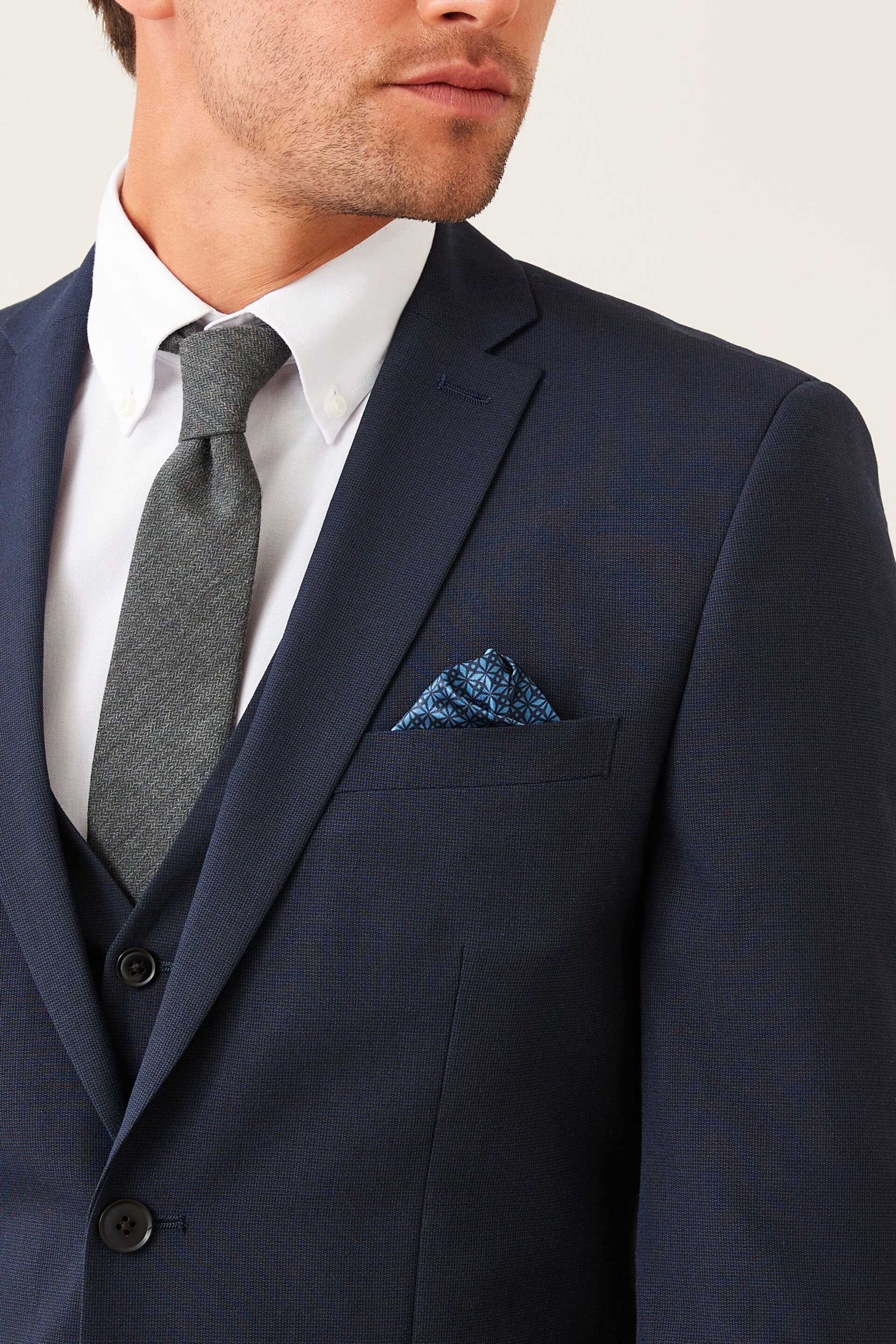 Navy Blue Tailored Wool Mix Textured Suit Jacket - Image 3 of 6