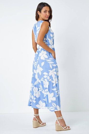 Roman Blue Sleeveless Floral Print Maxi Dress