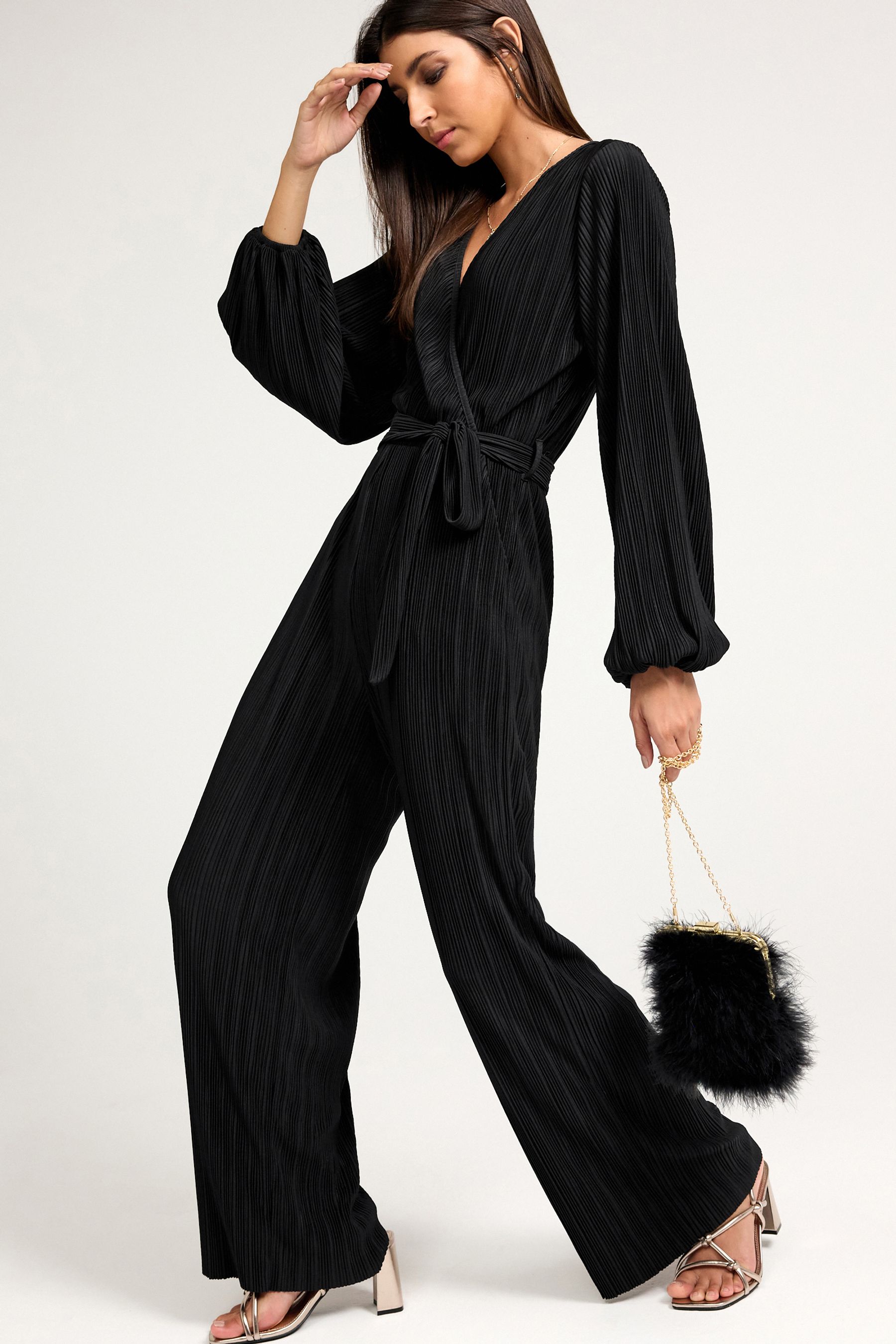 Black Long Sleeve Pliss Jumpsuit