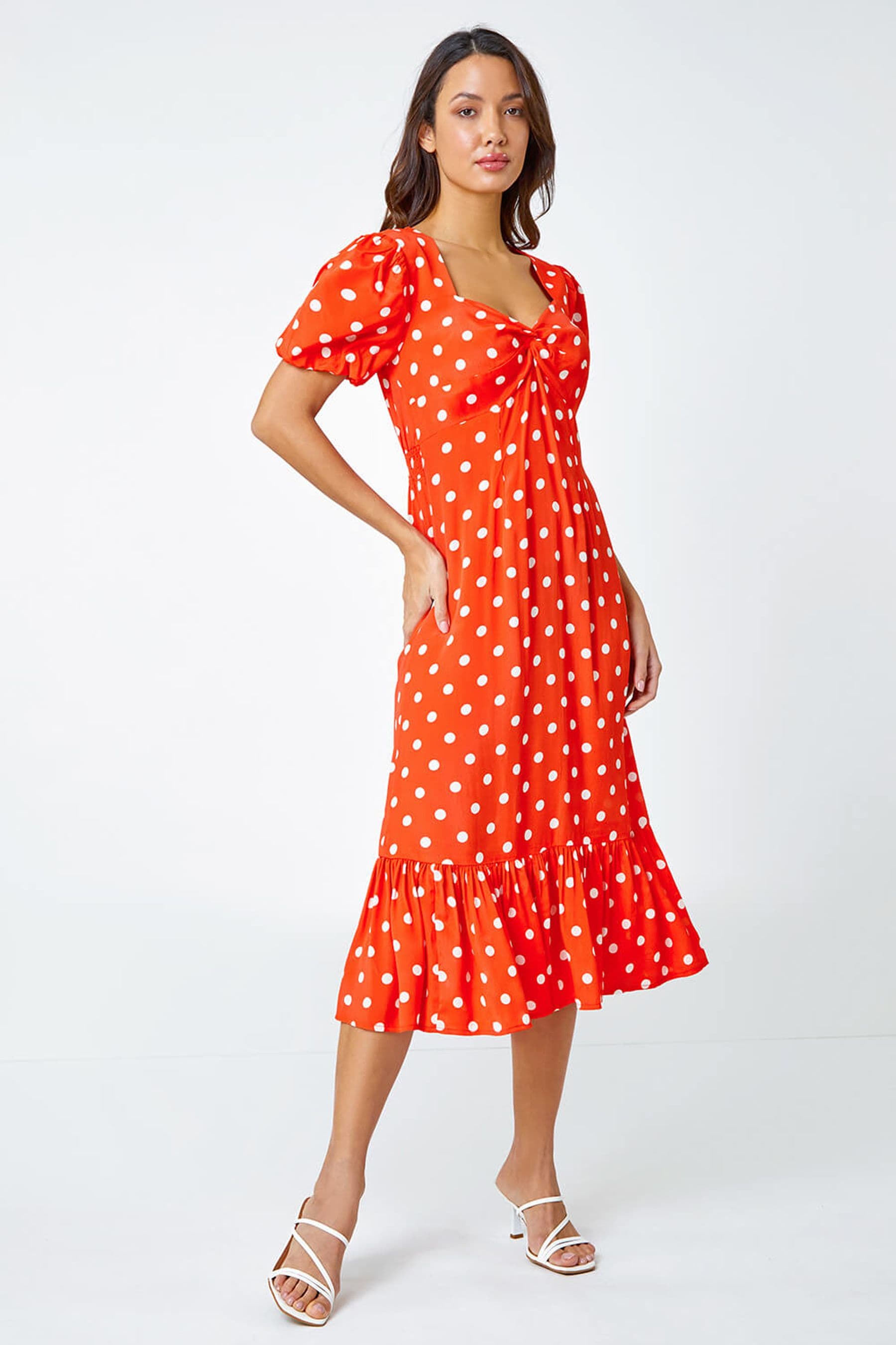 Roman Orange Polka Dot Twist Front Midi Dress
