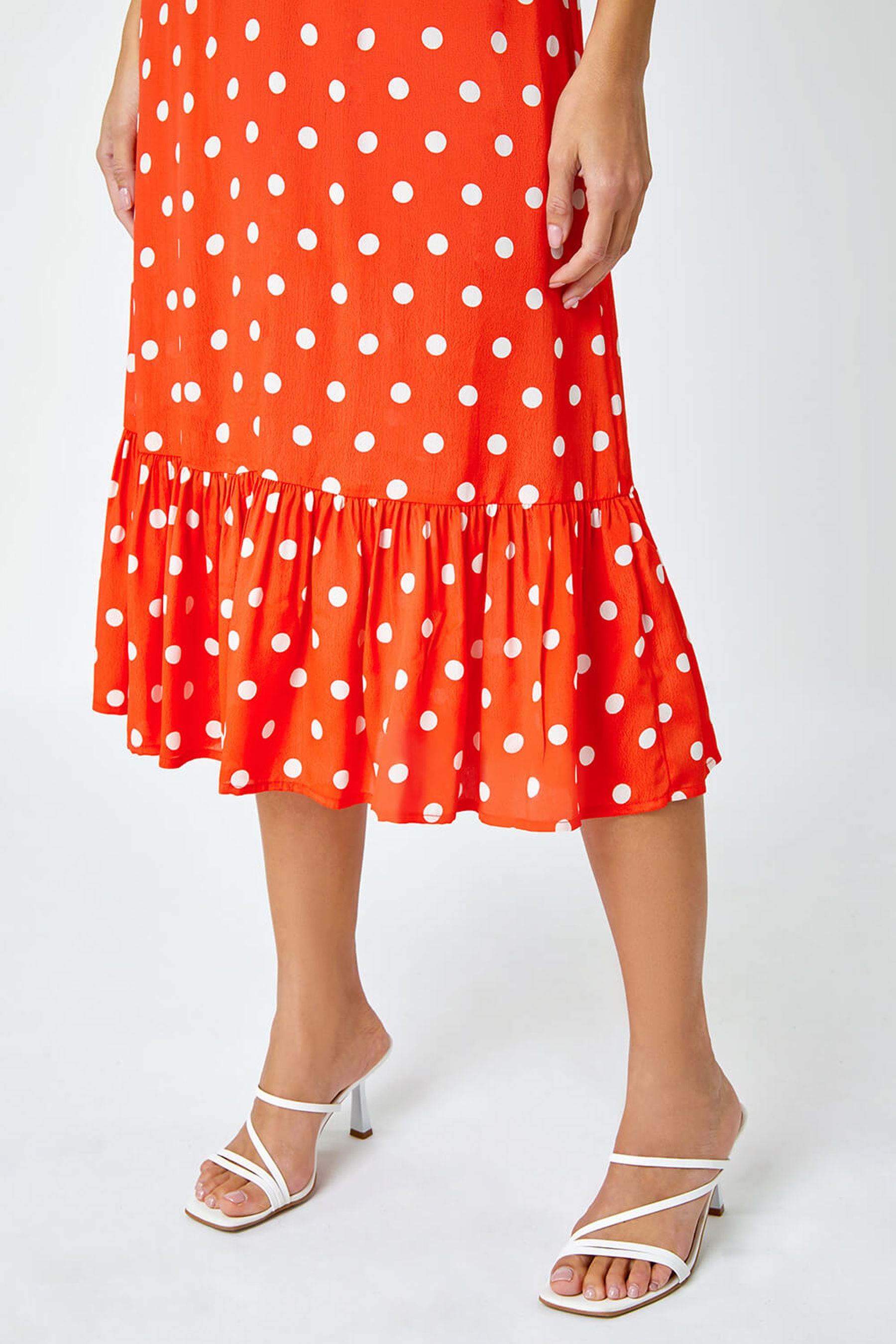 Roman Orange Polka Dot Twist Front Midi Dress