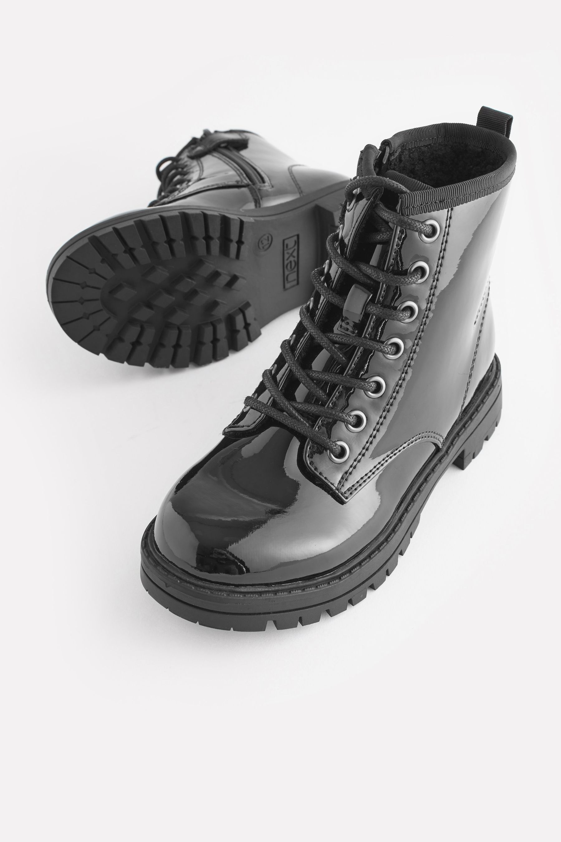 Buy Black Patent Standard Fit F Warm Lined Lace Up Boots from the Next UK online shop