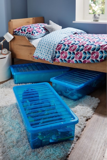 Wham Set of 3 Blue Crystal 42L Plastic Storage U/Bed Box & Lid
