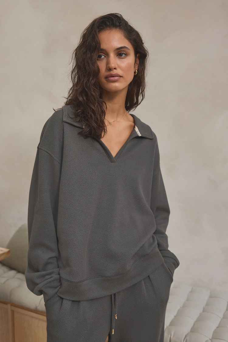 Charcoal Grey Knitlook Collared Sweatshirt - Image 1 of 5