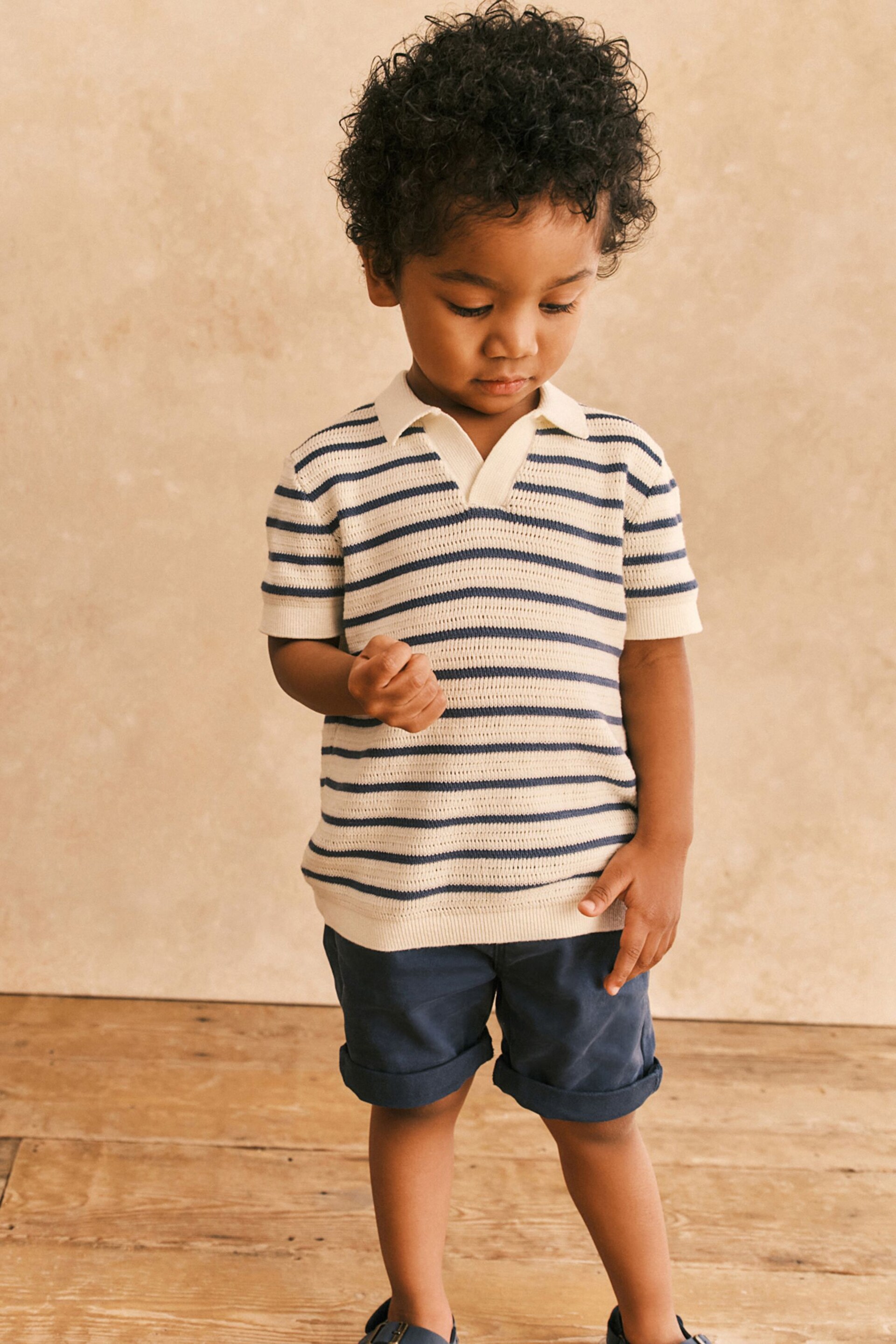 Ecru/Navy Stripe Short Sleeved Polo Shirt (3mths-7yrs) - Image 3 of 7