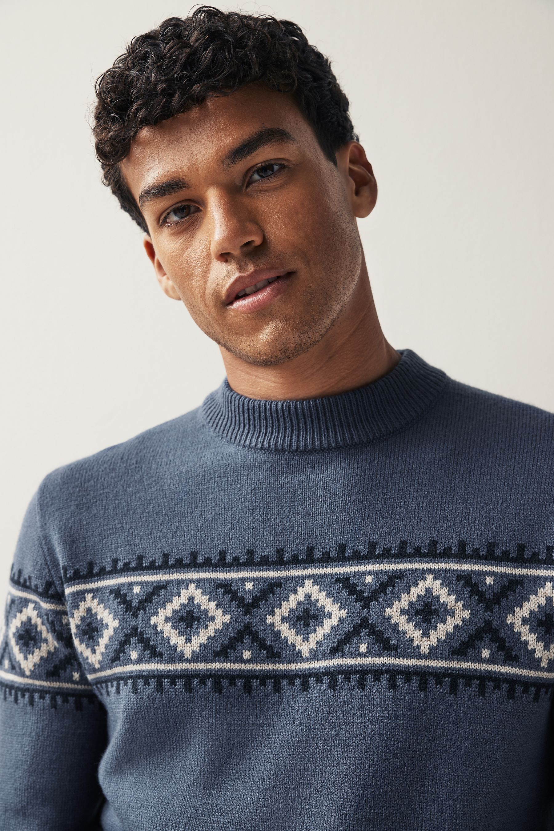 Buy Blue Crew Neck Fairisle Pattern Knitted Jumper from Next Luxembourg