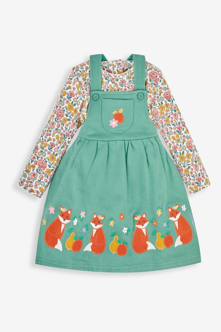 JoJo Maman Bébé Green Fox & Fruit Girls' 2-Piece Appliqué Pinafore Dress & Top Set - Image 1 of 6