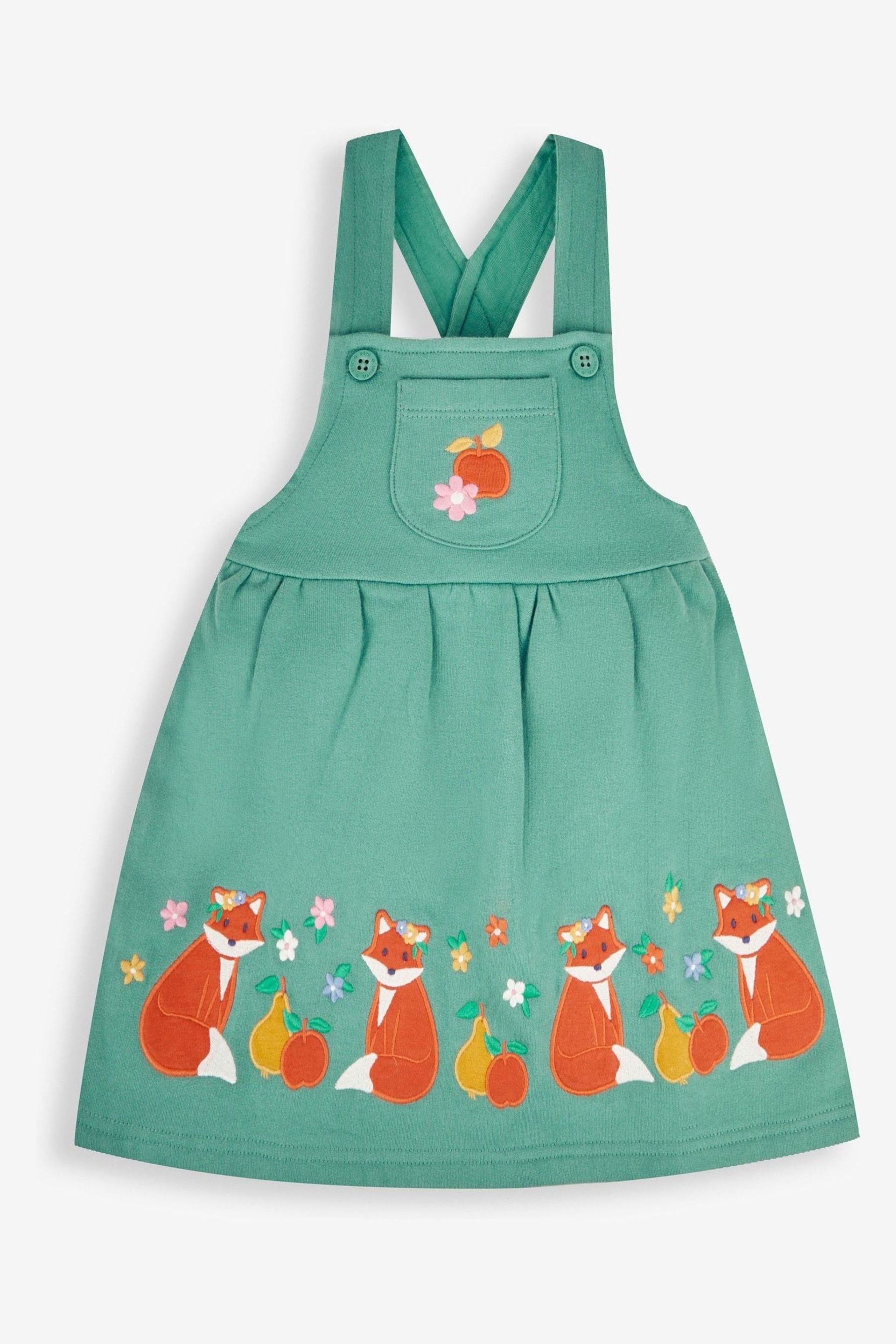 JoJo Maman Bébé Green Fox & Fruit Girls' 2-Piece Appliqué Pinafore Dress & Top Set - Image 2 of 6