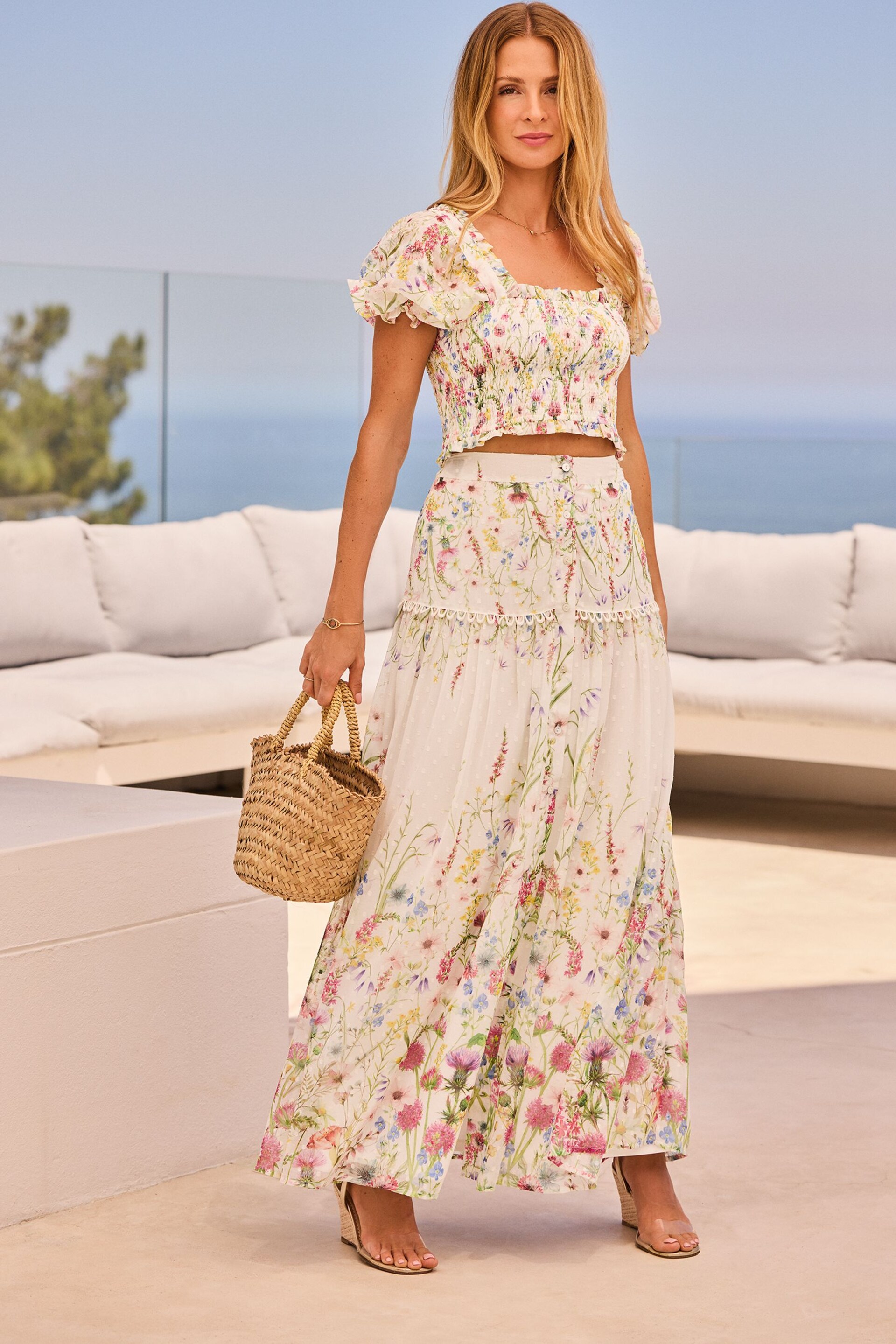 Friends Like These Ivory White Floral Tiered Chiffon Maxi Skirt Co-Ord - Image 2 of 4