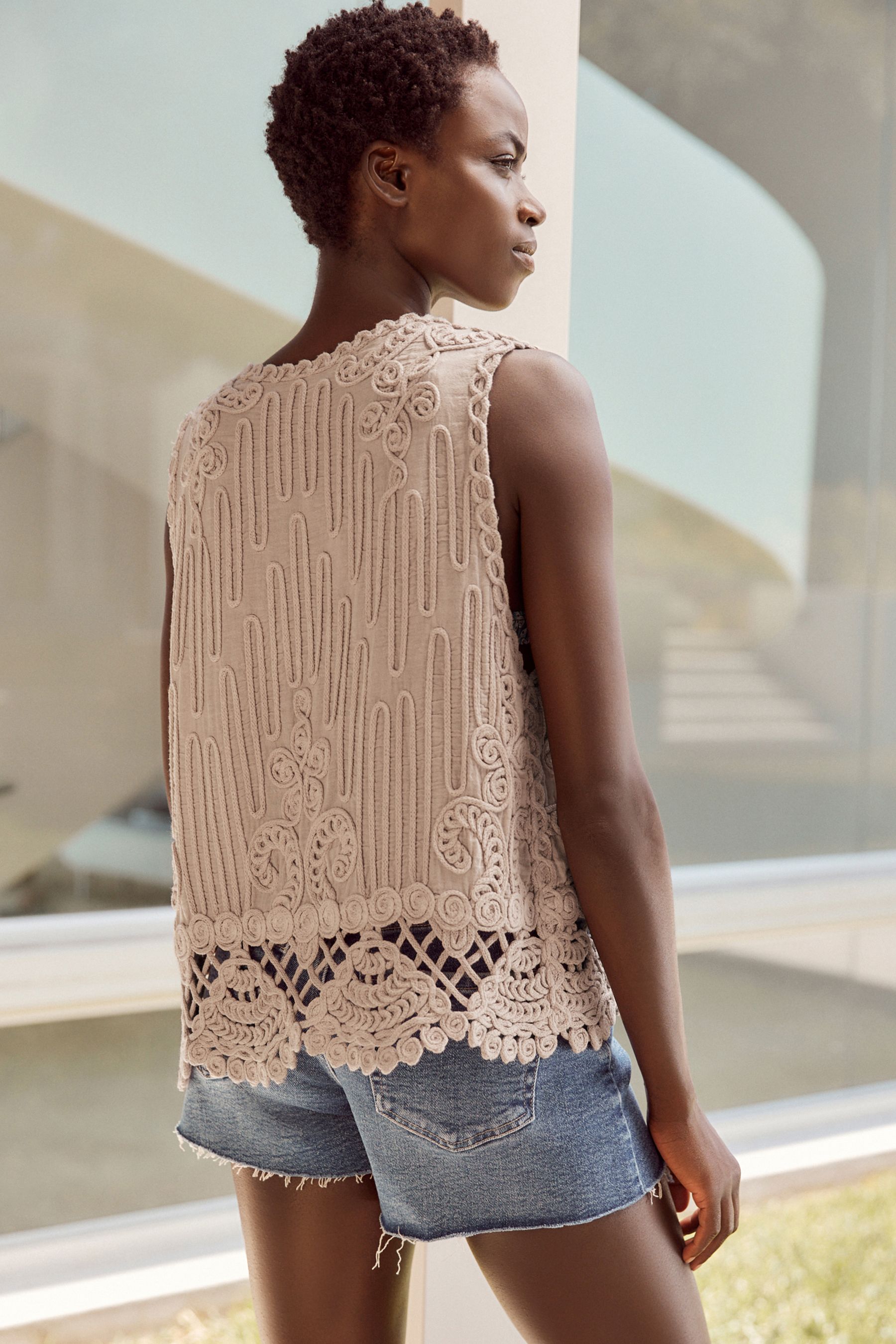 Buy Grey Purple Mauve Sleeveless Crochet Waistcoat Jacket from Next Belgium