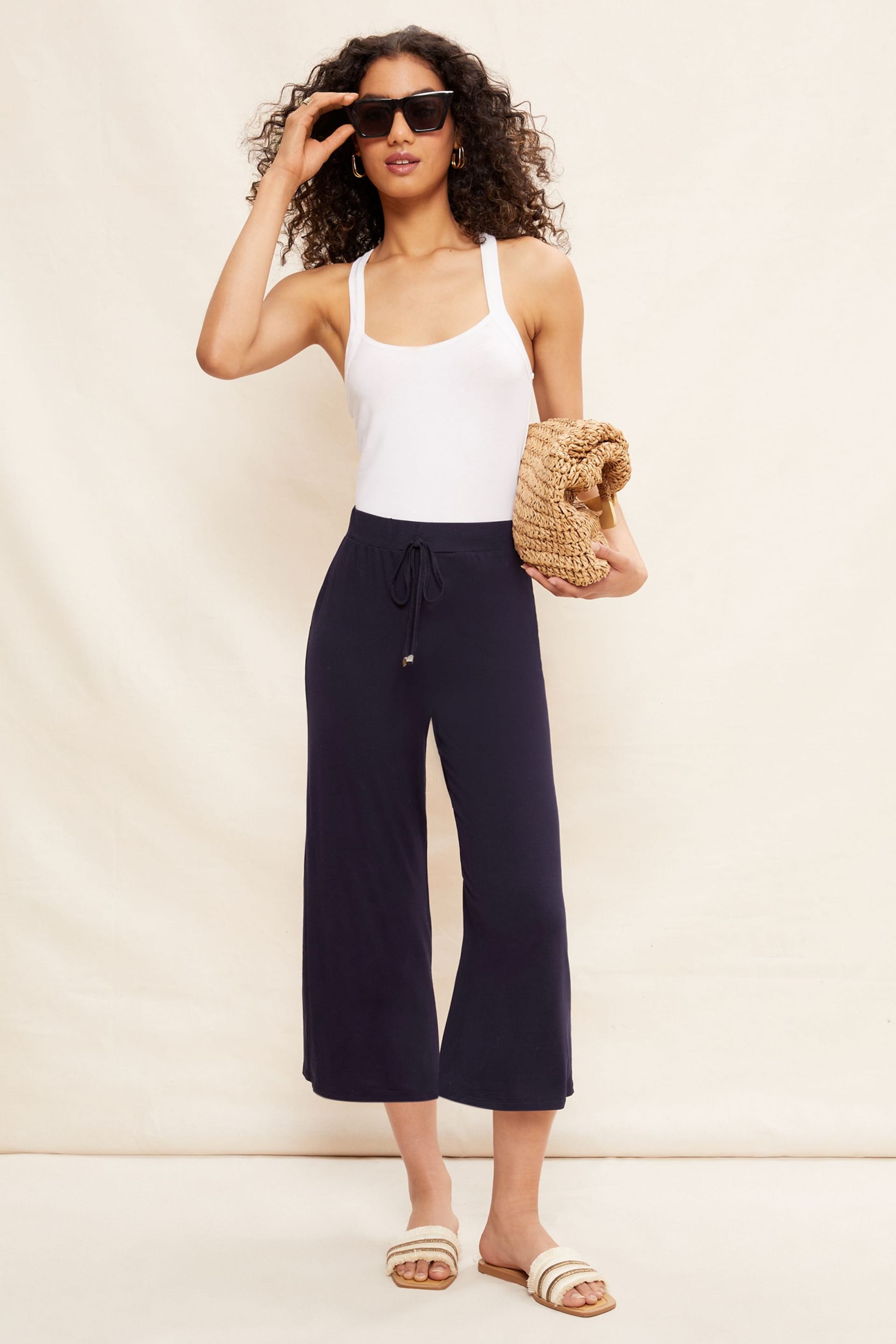 Friends Like These Navy Blue Petite Belted Jersey Wide Leg Culotte Trousers - Image 1 of 4