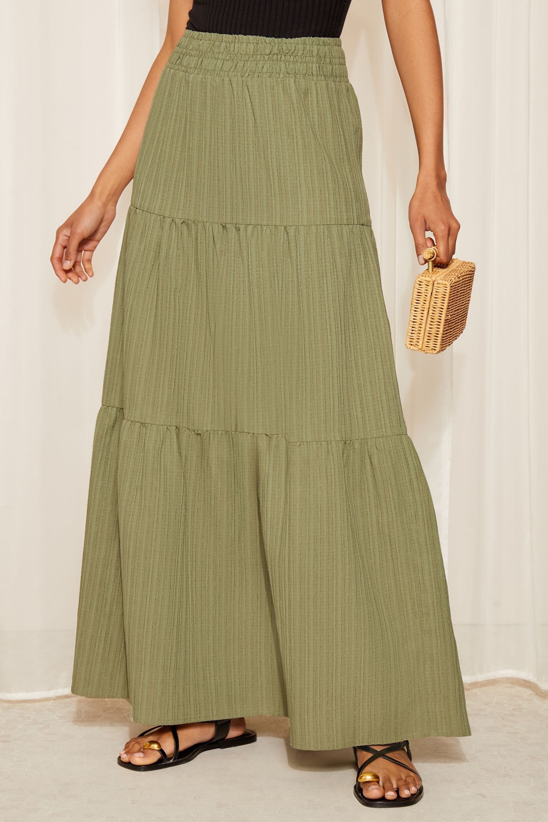 Buy Friends Like These Khaki Green Petite Textured Jersey Boho Style Midi Skirt from Next Luxembourg
