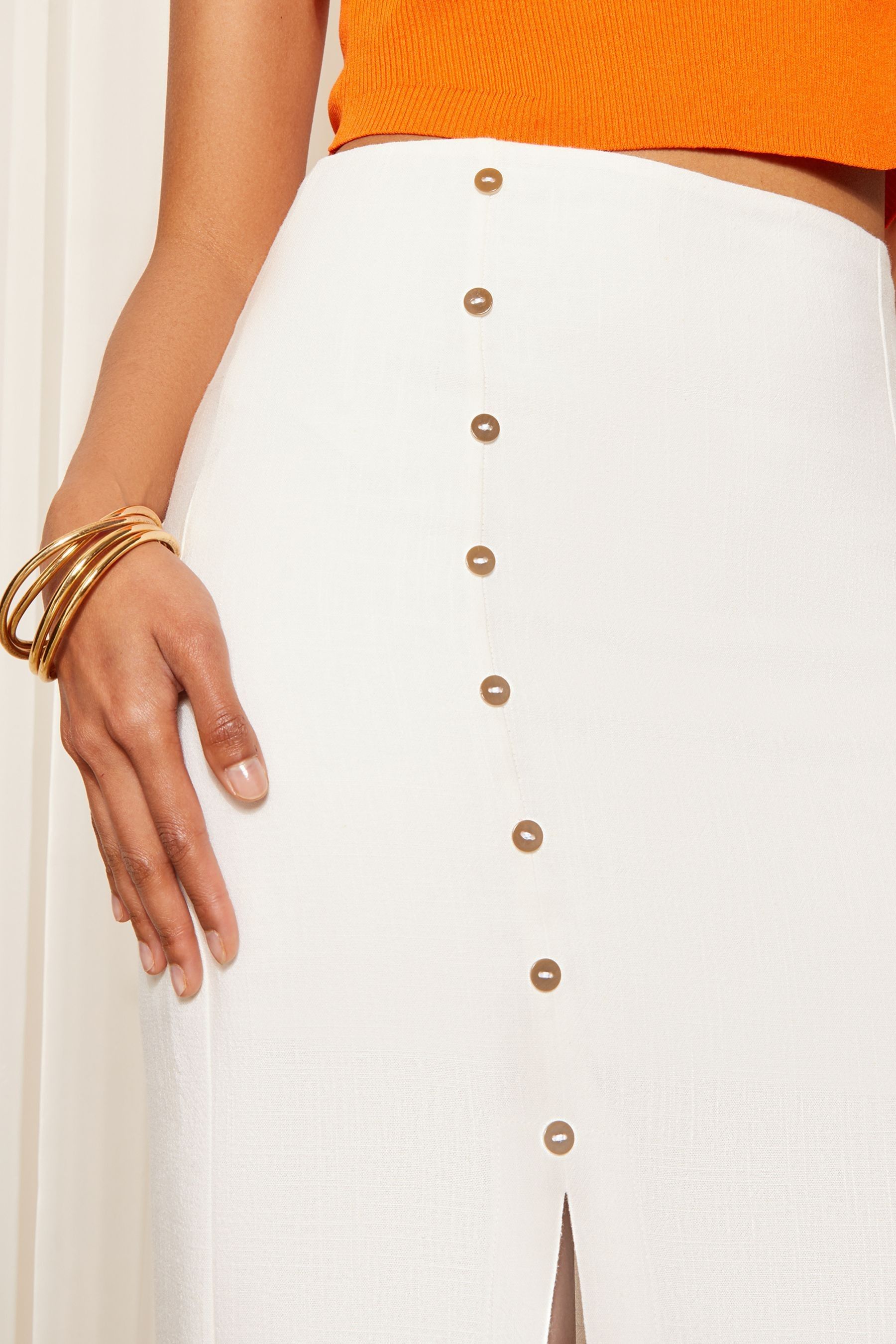 Buy Friends Like These Cream White Button Detail Linen Midi Skirt from the Next UK online shop