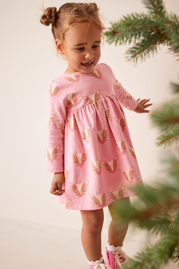 Pink Reindeer Christmas Long Sleeve Jersey Dress celestial (3mths-7yrs)