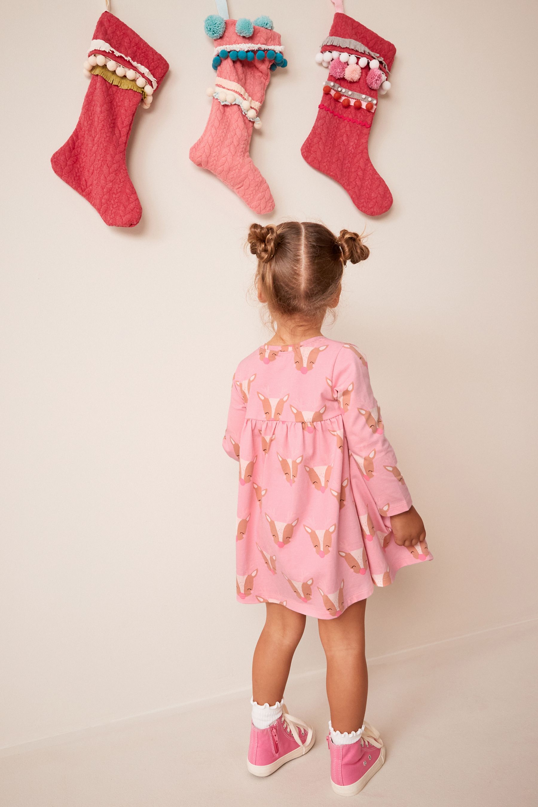 Buy Pink Reindeer Christmas Long Sleeve Jersey Dress 3mths 7yrs from Next Luxembourg