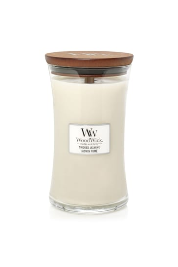 Woodwick White Large Hourglass Scented Candle with Crackle Wick Jasmine