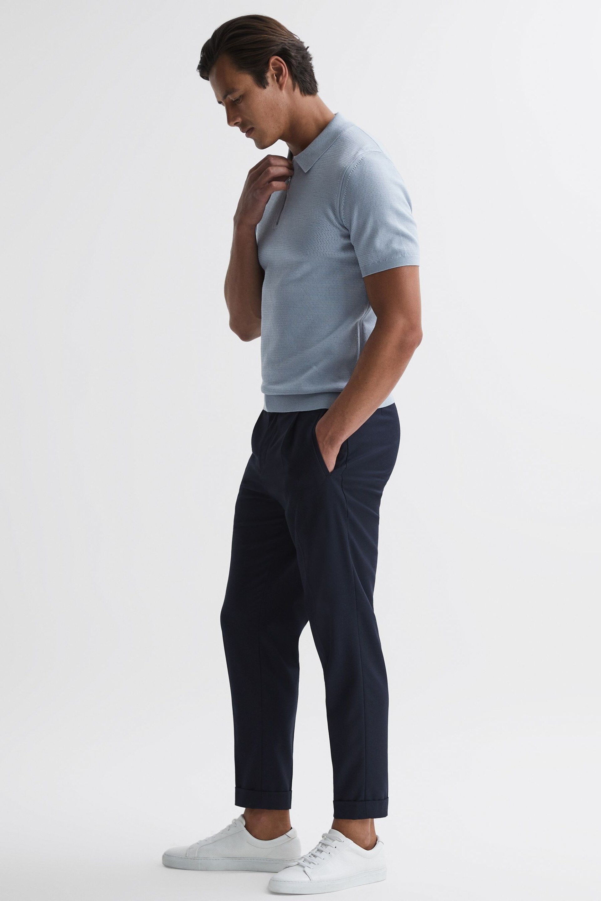 Reiss Soft Blue Fizz Knitted Half-Zip Polo T-Shirt - Image 3 of 5