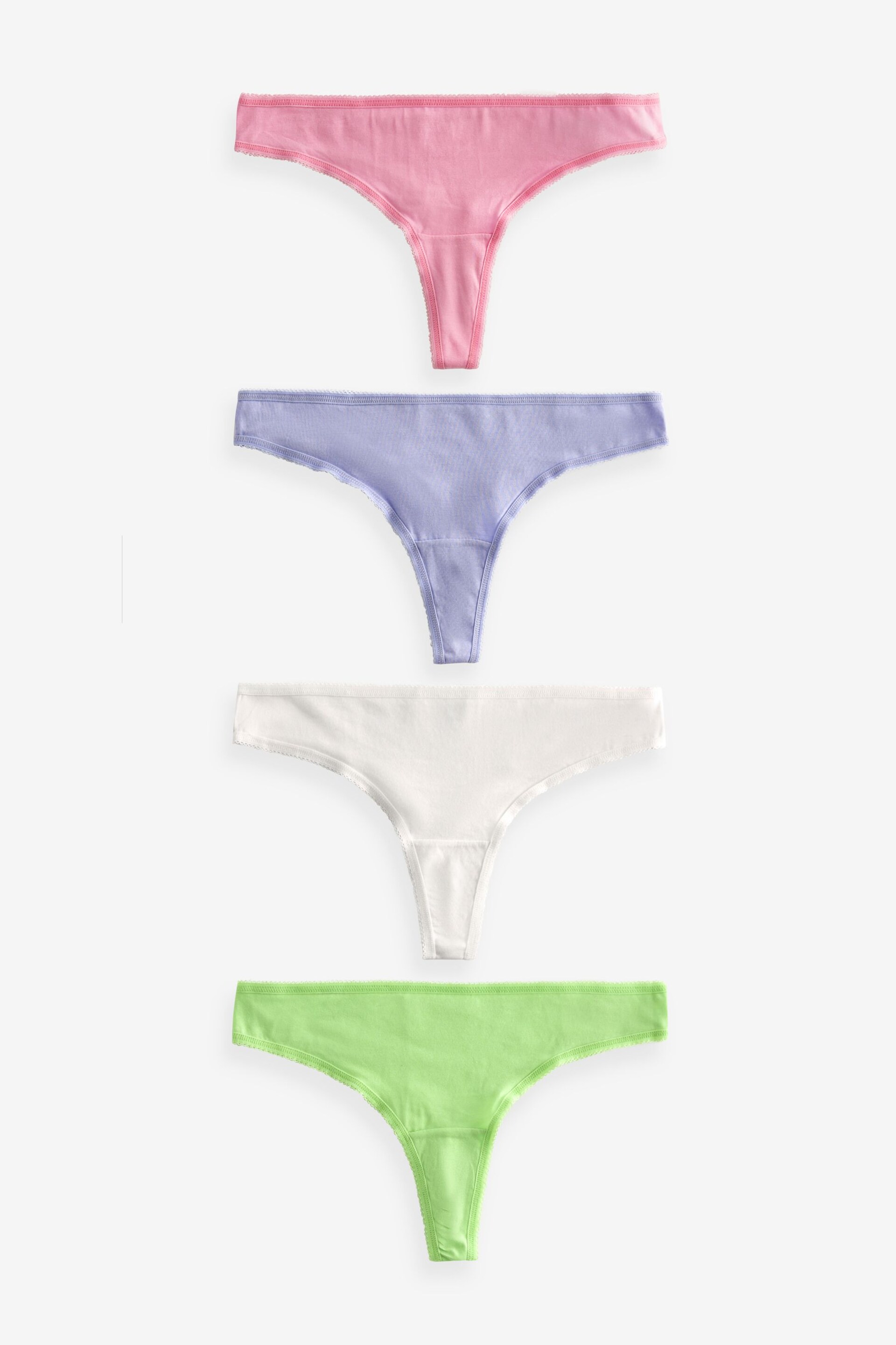 Pink/Lilac/Green/White Thong Cotton Rich Knickers 4 Pack - Image 1 of 8