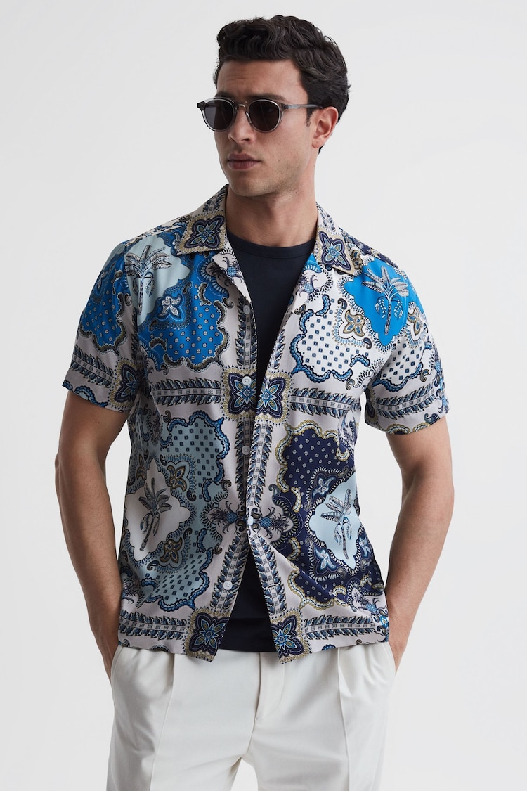 Reiss Blue Multi Eden Paisley Print Cuban Collar Shirt - Image 1 of 4