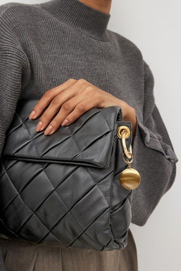 Black Leather Weave Orb Shoulder Bag