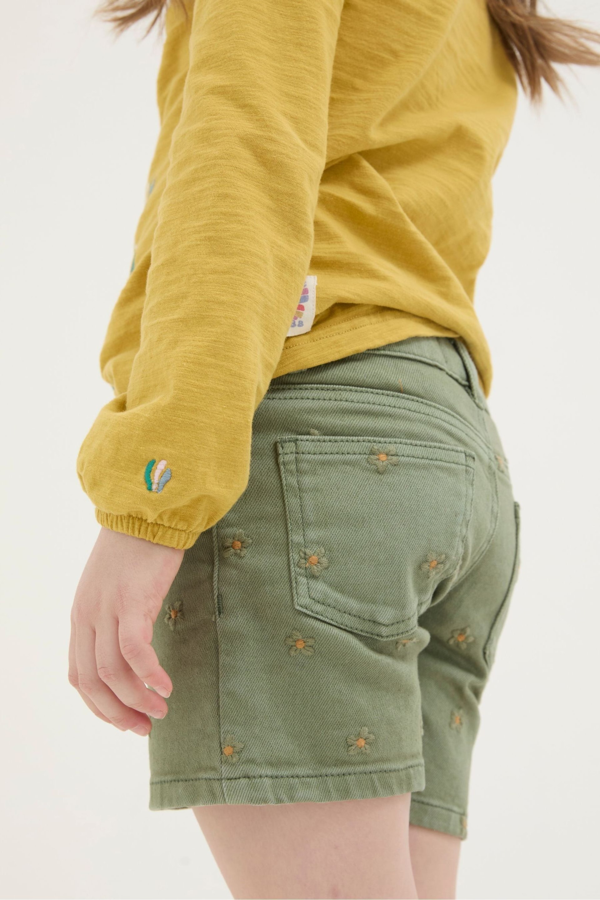 FatFace Green Daisy Embroidered Denim Shorts - Image 2 of 4