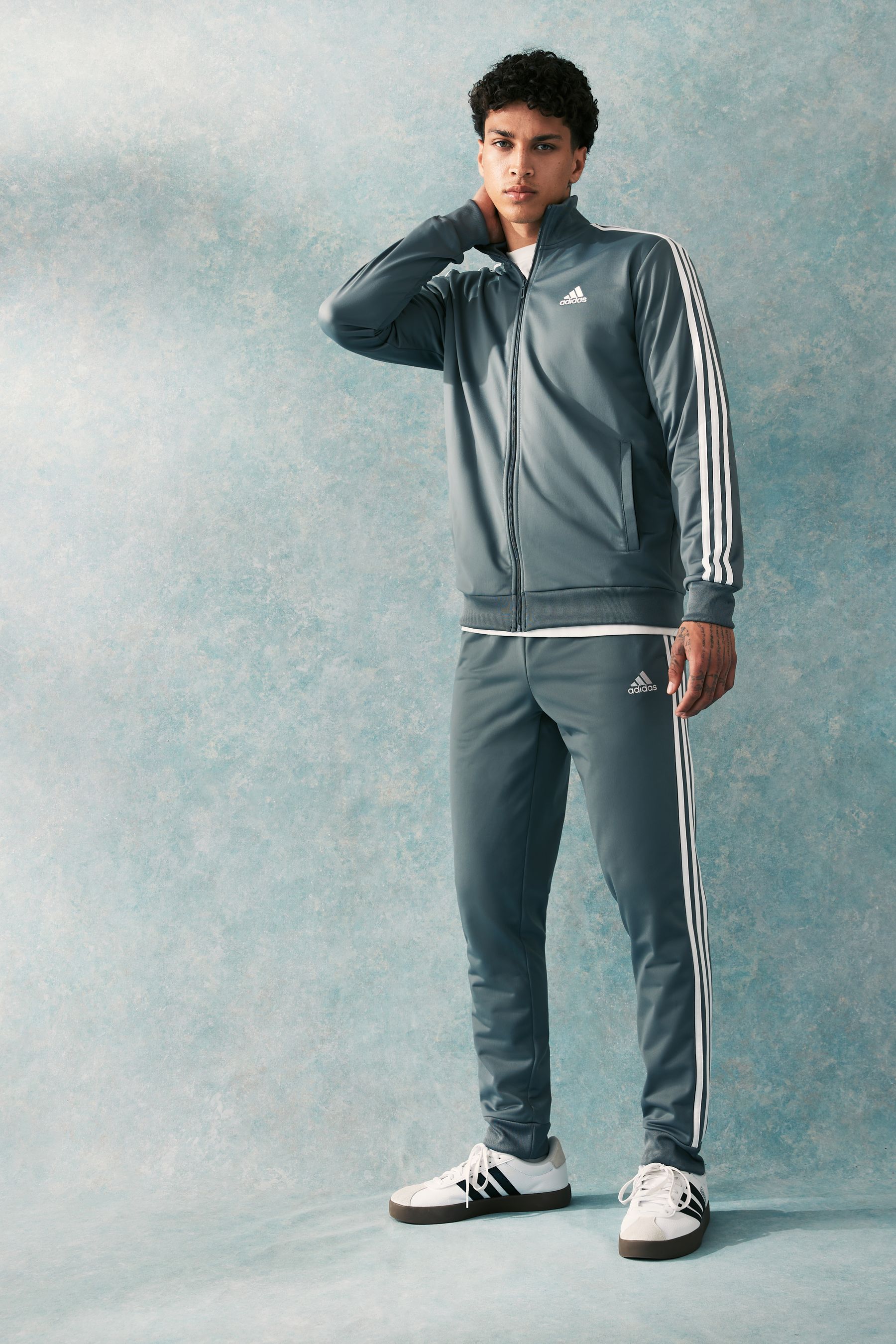 Grey adidas tracksuit with green stripes new arrivals